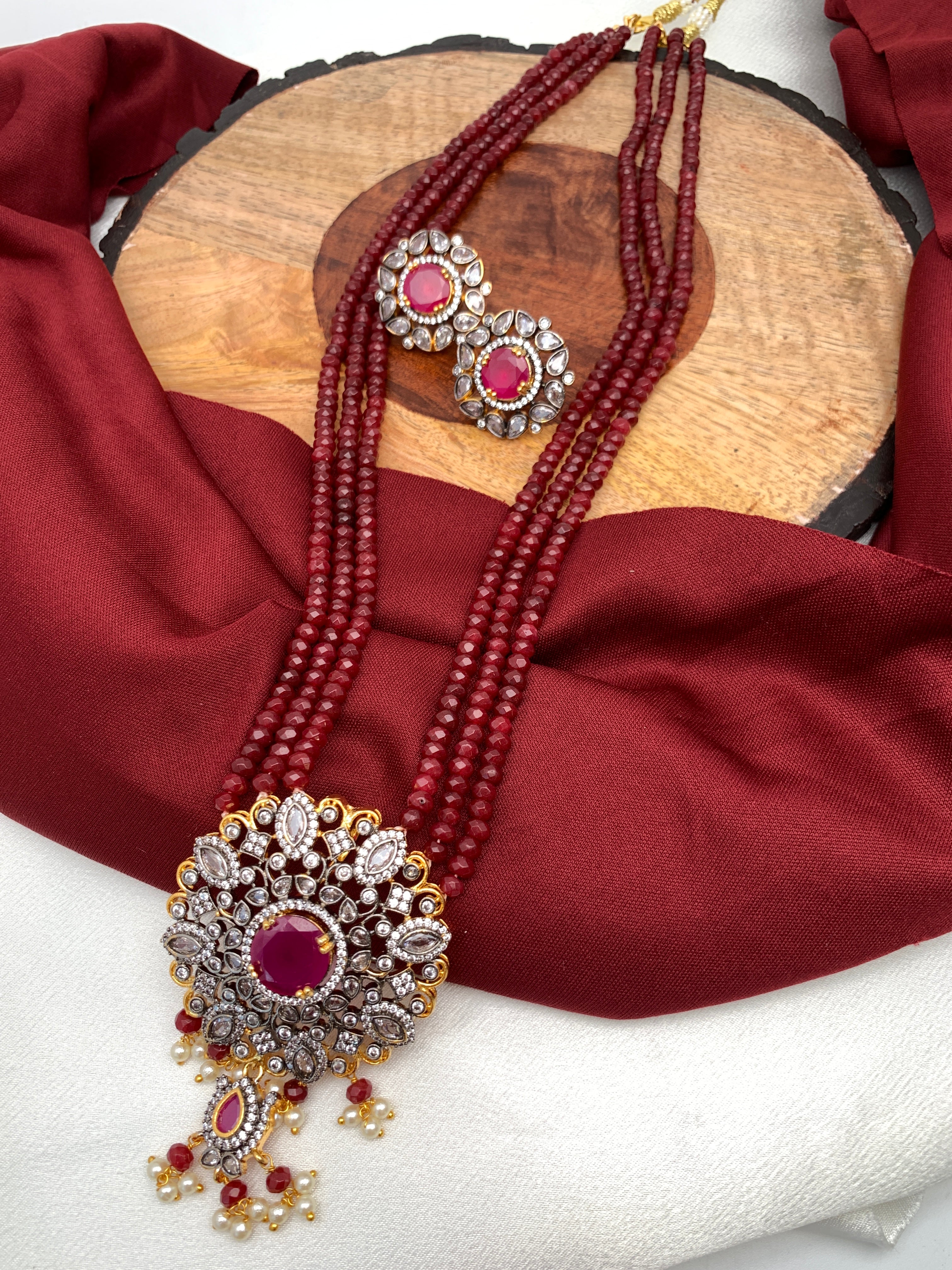 Red Stone AD Victorian Polish Pendent and Red Crystal Beads Pearls Nec –  Sheetal's FabFashion