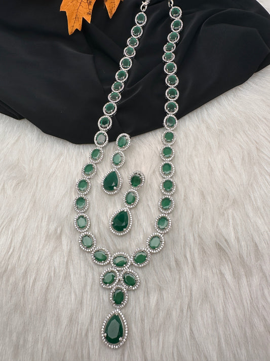 CZ Emerald Green Long Necklace in Silver Finish