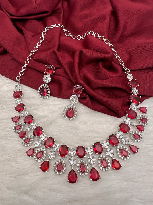 Cubic Zirconia Wine Red Short Necklace in Silver Finish