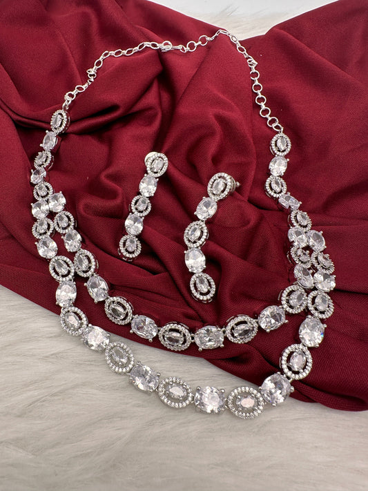 Cubic Zirconia Clear Stone Double Layer Short Necklace in Silver Finish