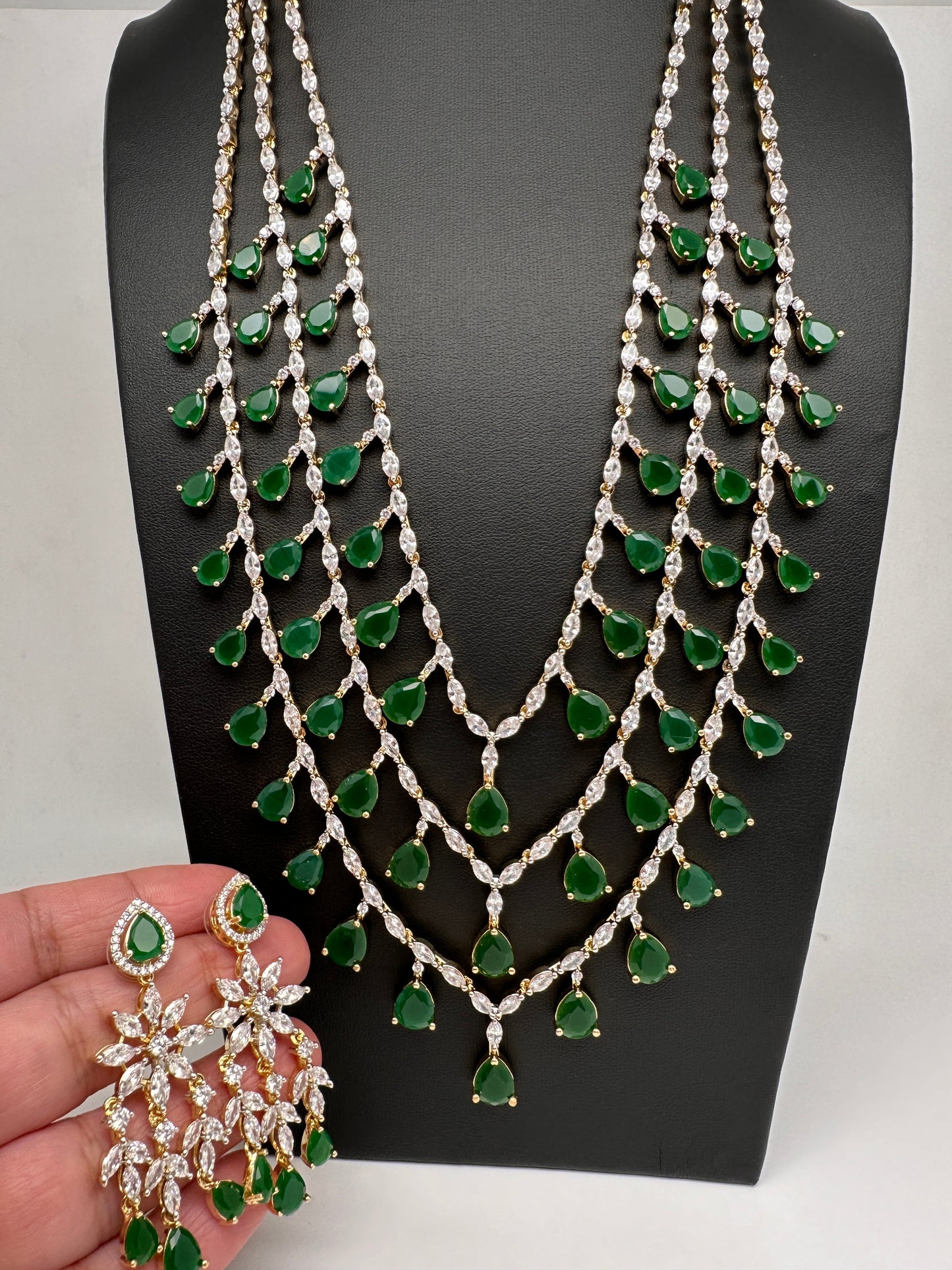 AD marquise Multi Layer Emerald Green Long Necklace