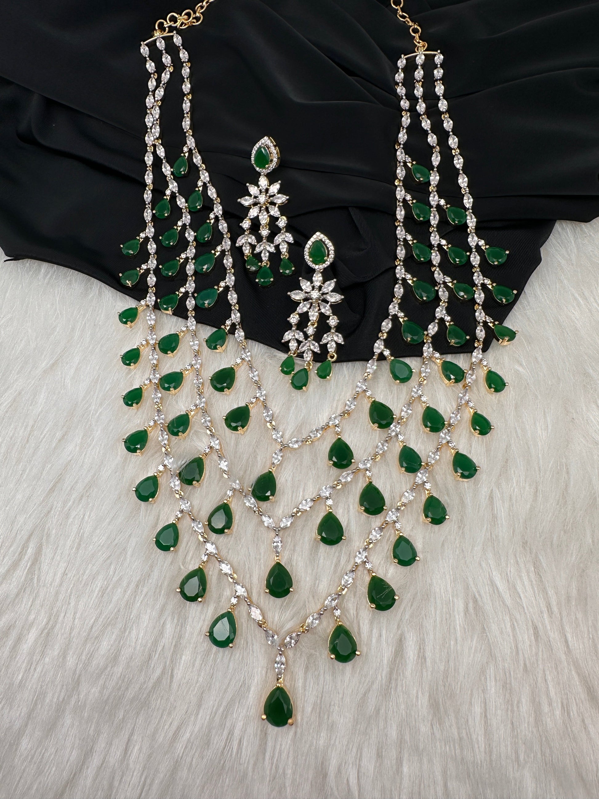 AD marquise Multi Layer Emerald Green Long Necklace