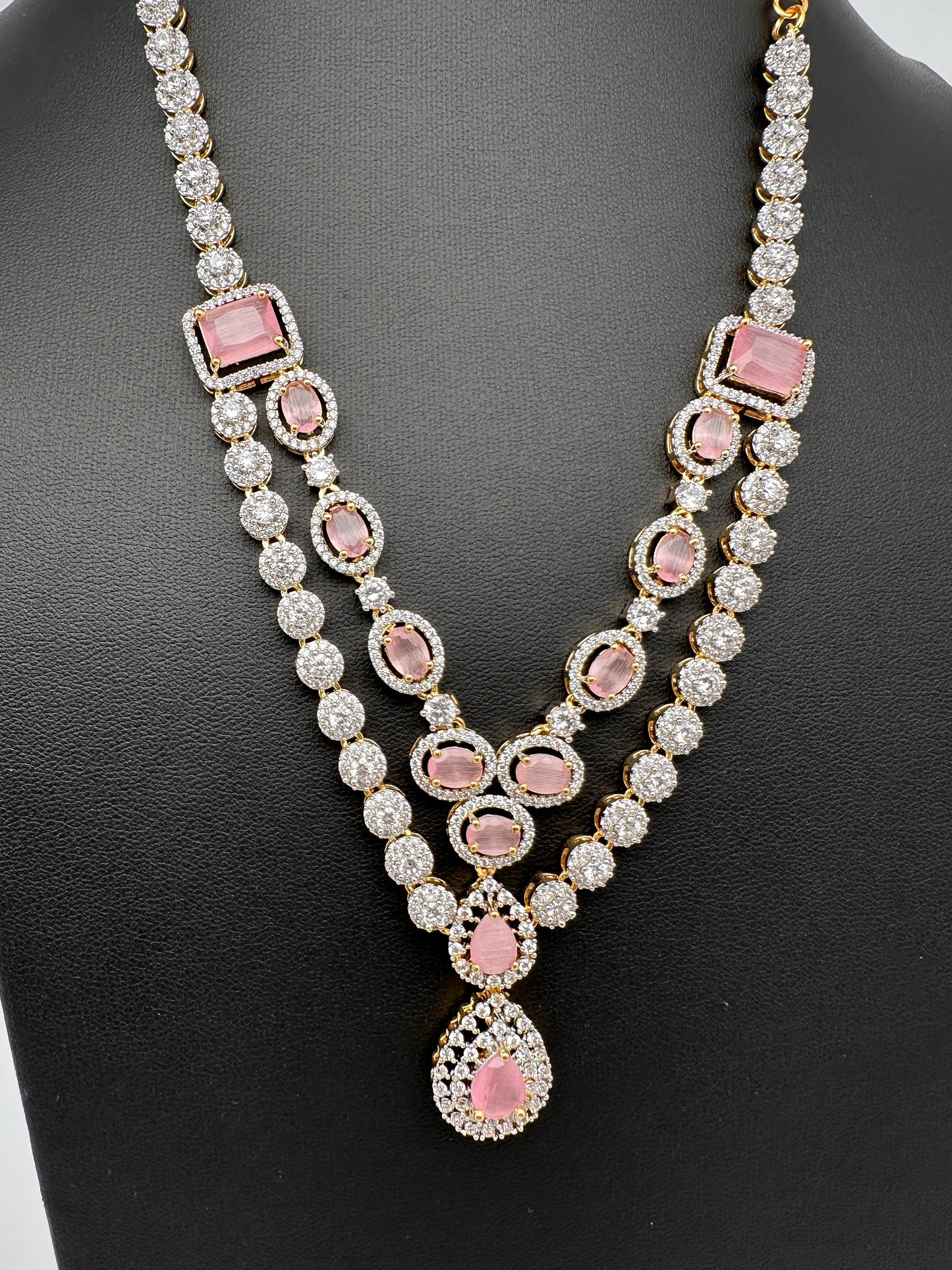 AD Double Layer Color Stone Short Necklace - pink