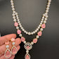 AD Double Layer Color Stone Short Necklace - Pink