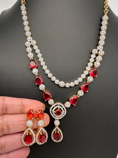 AD Double Layer Color Stone Short Necklace - Red