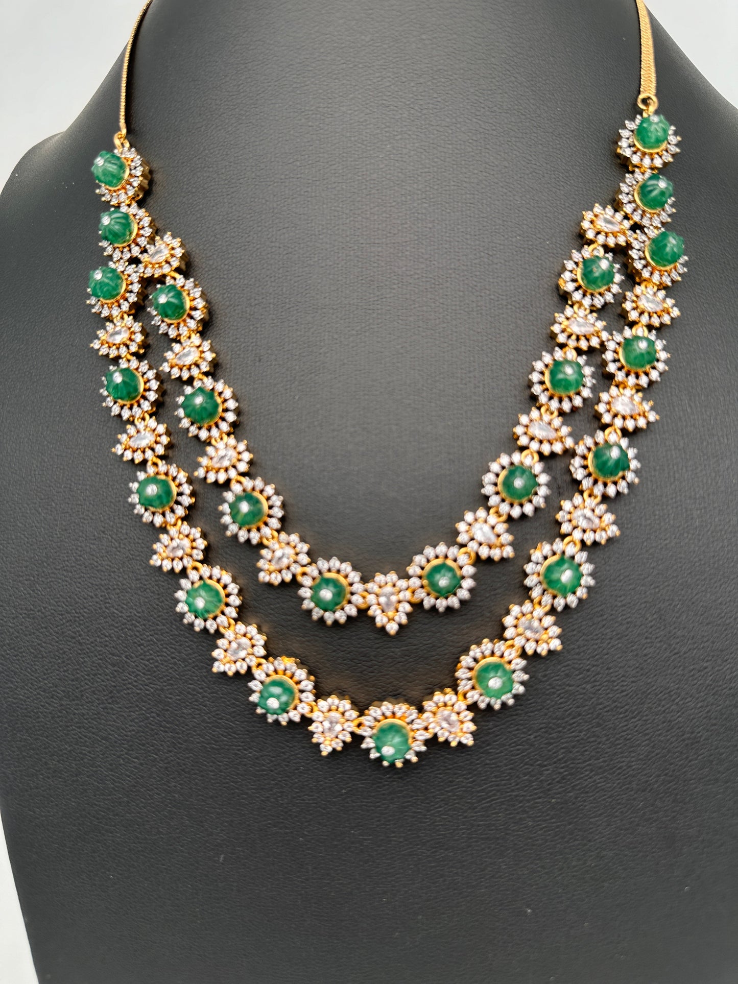 AD Double Layer Color Stone Short Necklace - Green