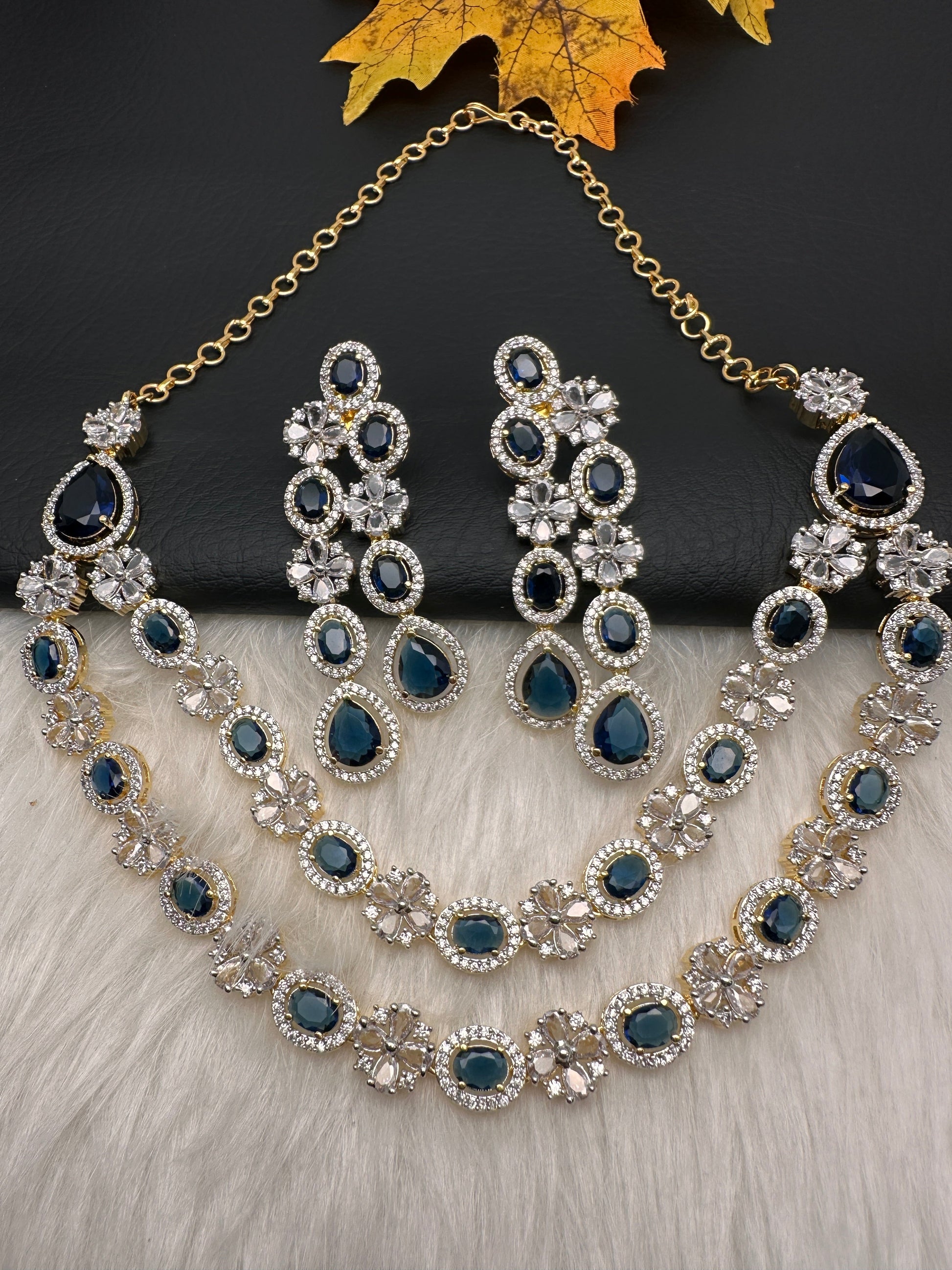 AD Double Layer Color Stone Short Necklace - Blue