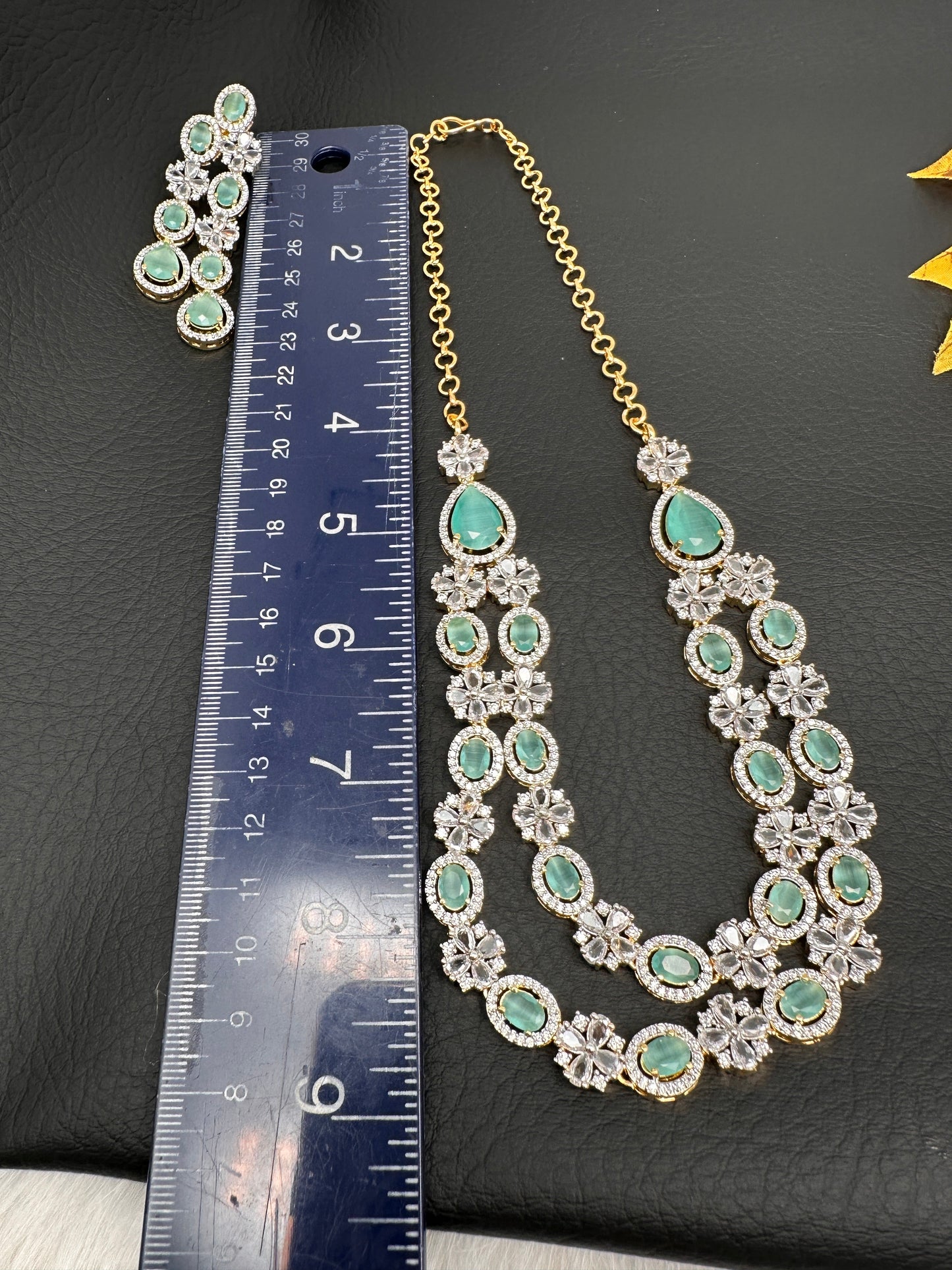 AD Double Layer Color Stone Short Necklace - LightGreen