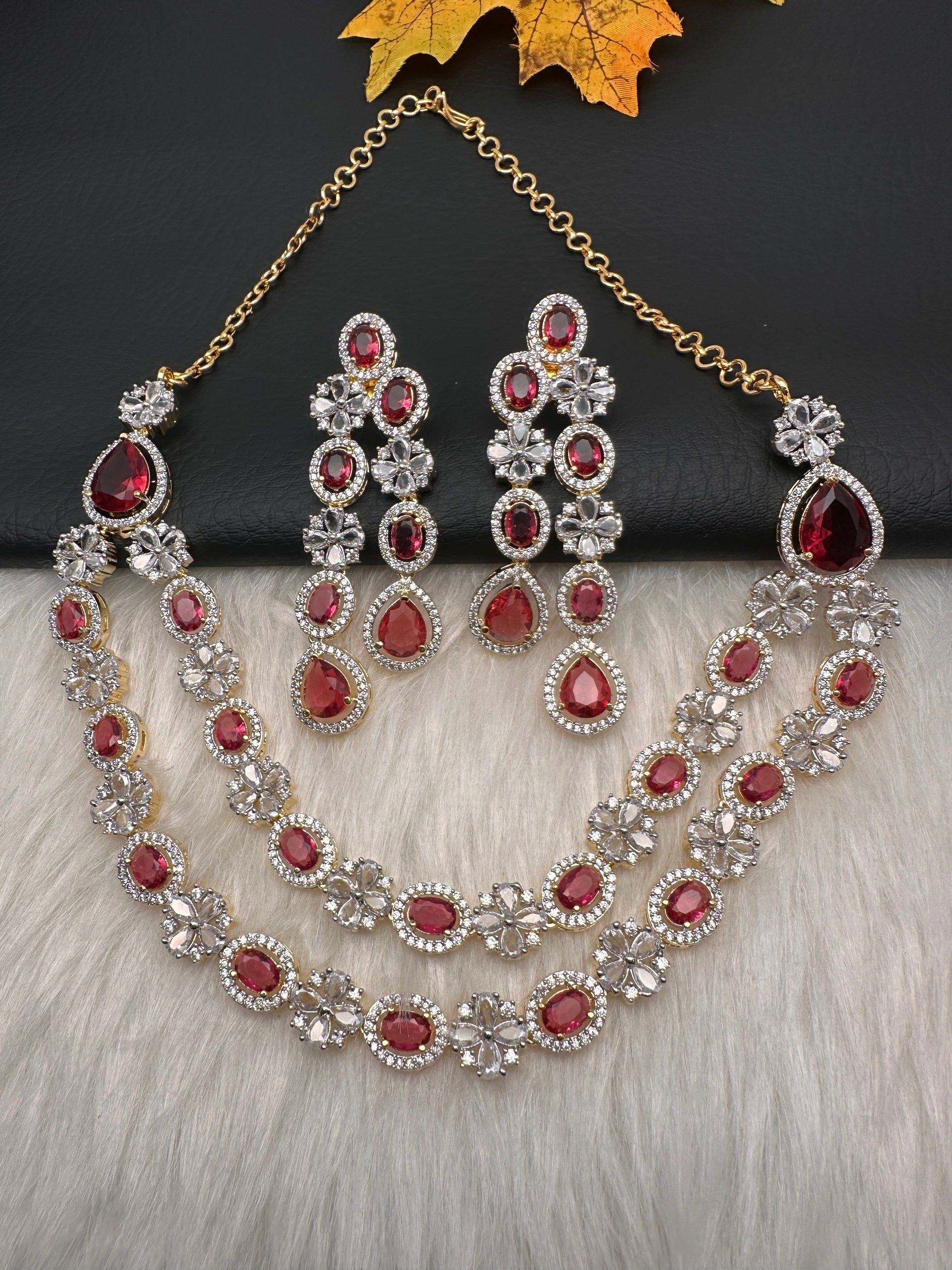 AD Double Layer Color Stone Short Necklace - Red