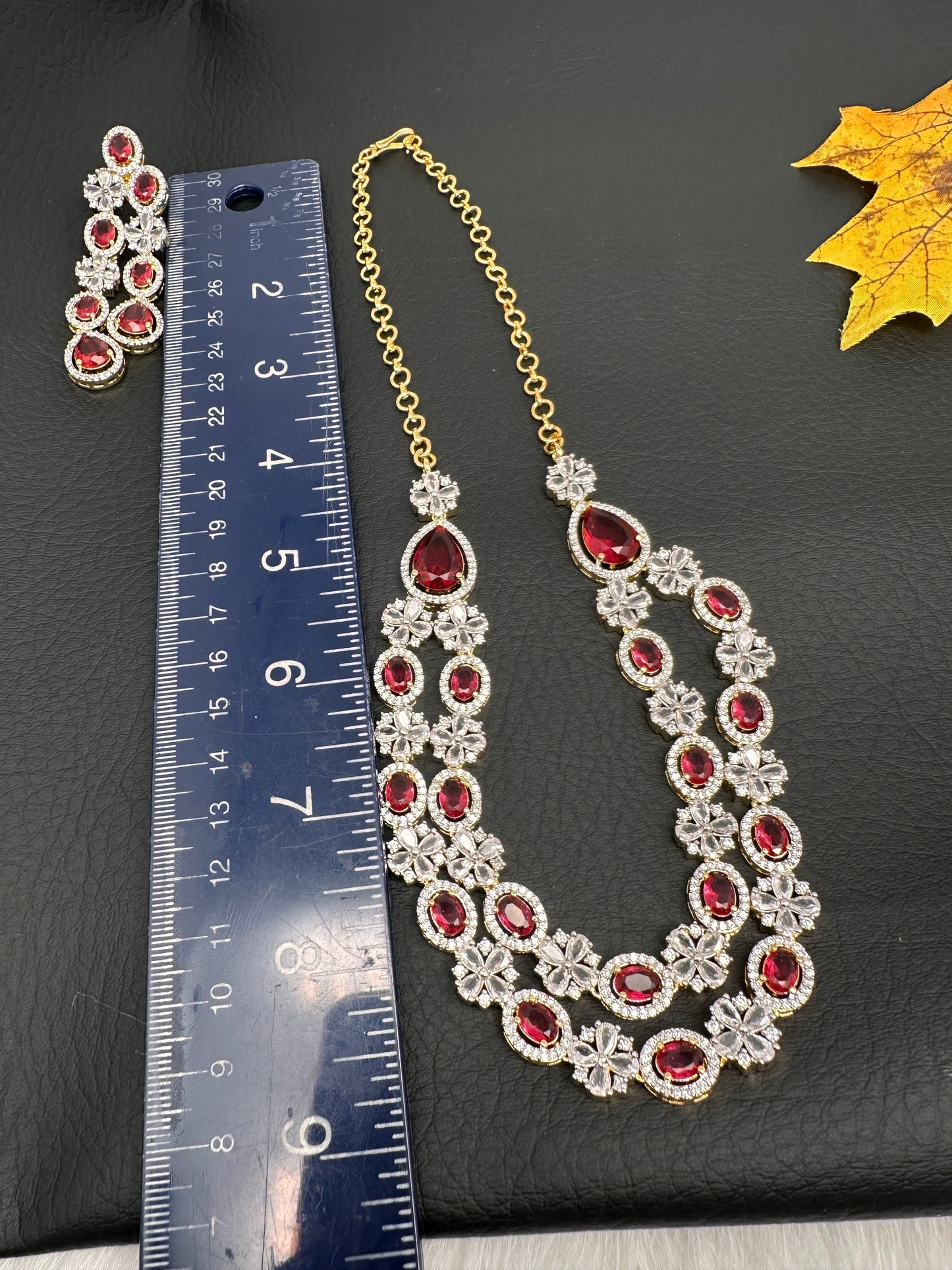 AD Double Layer Color Stone Short Necklace - Red