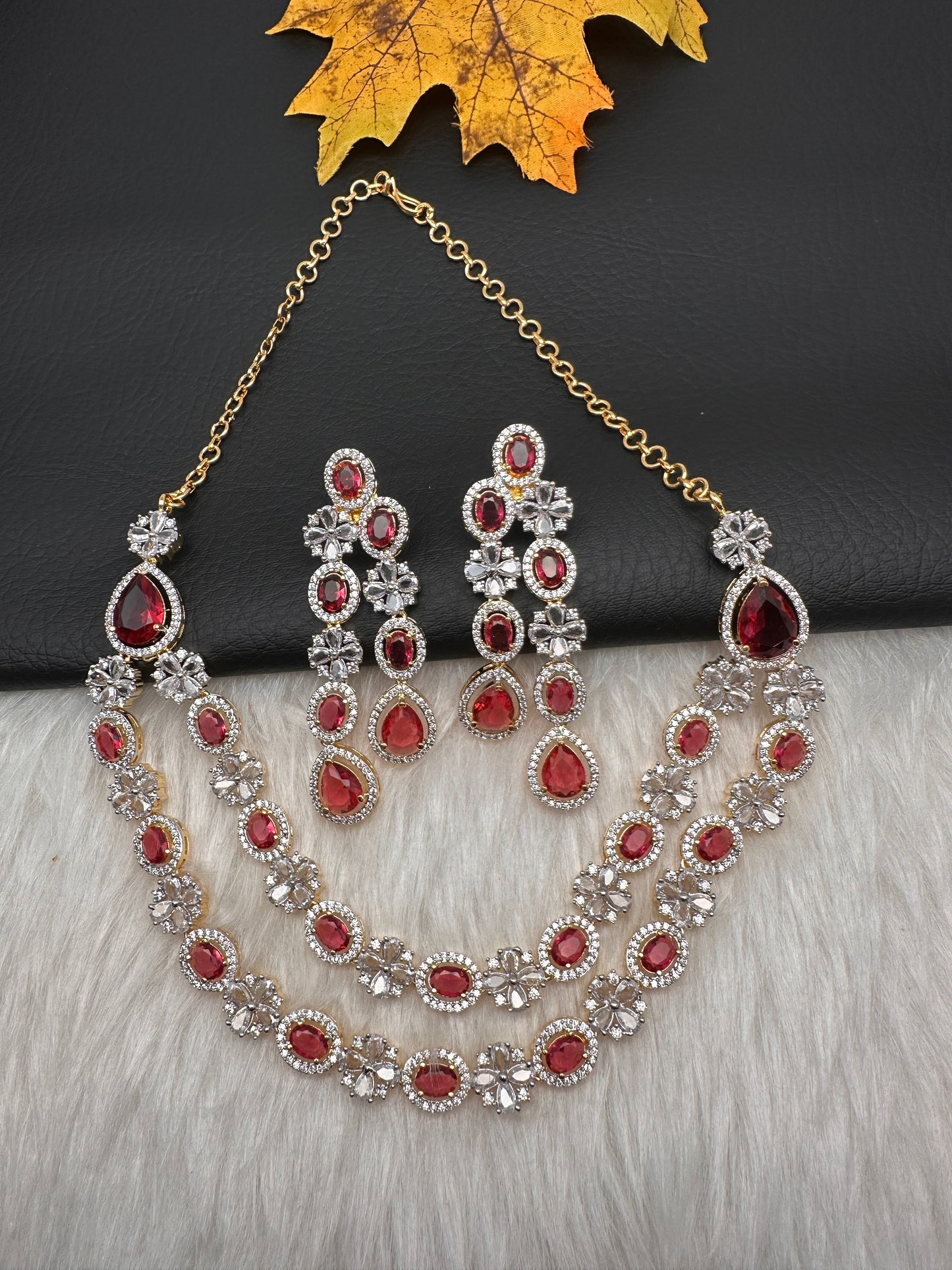 AD Double Layer Color Stone Short Necklace - Red