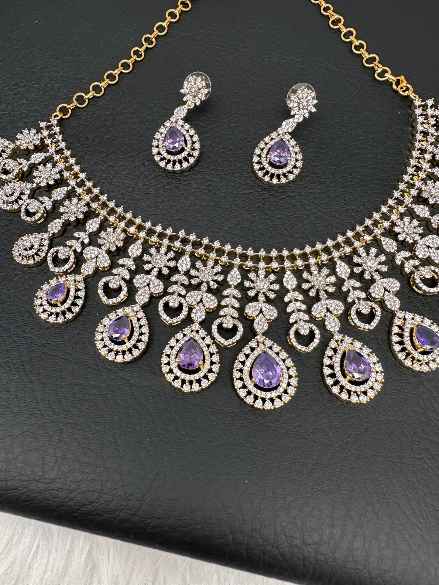 AD Color Stone Neckline Necklace - Purple