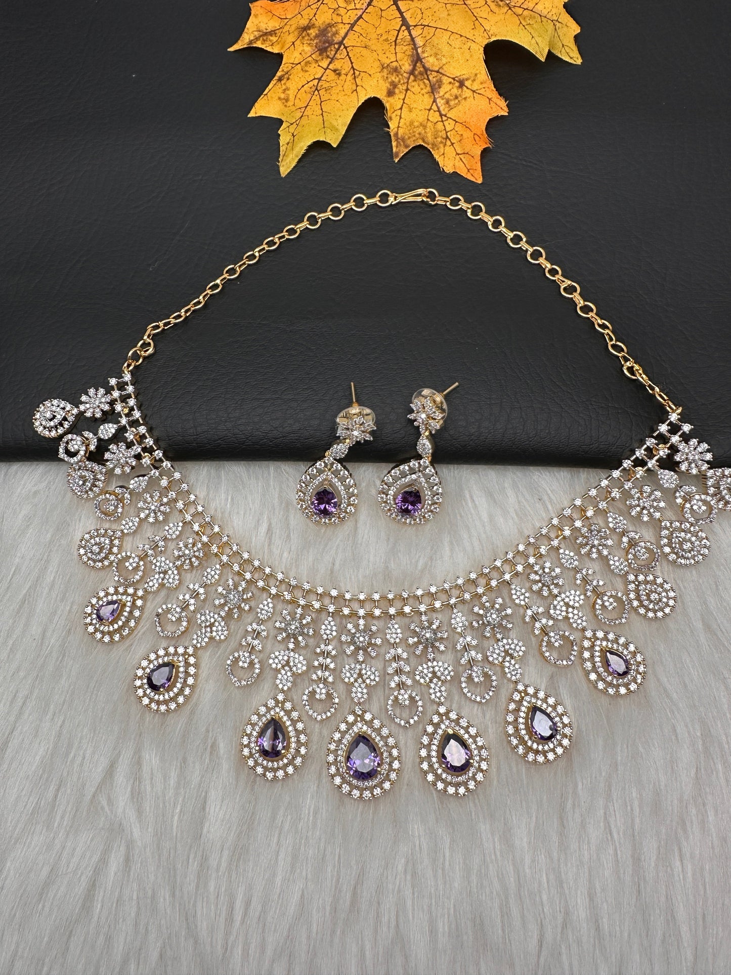 AD Color Stone Neckline Necklace - Purple