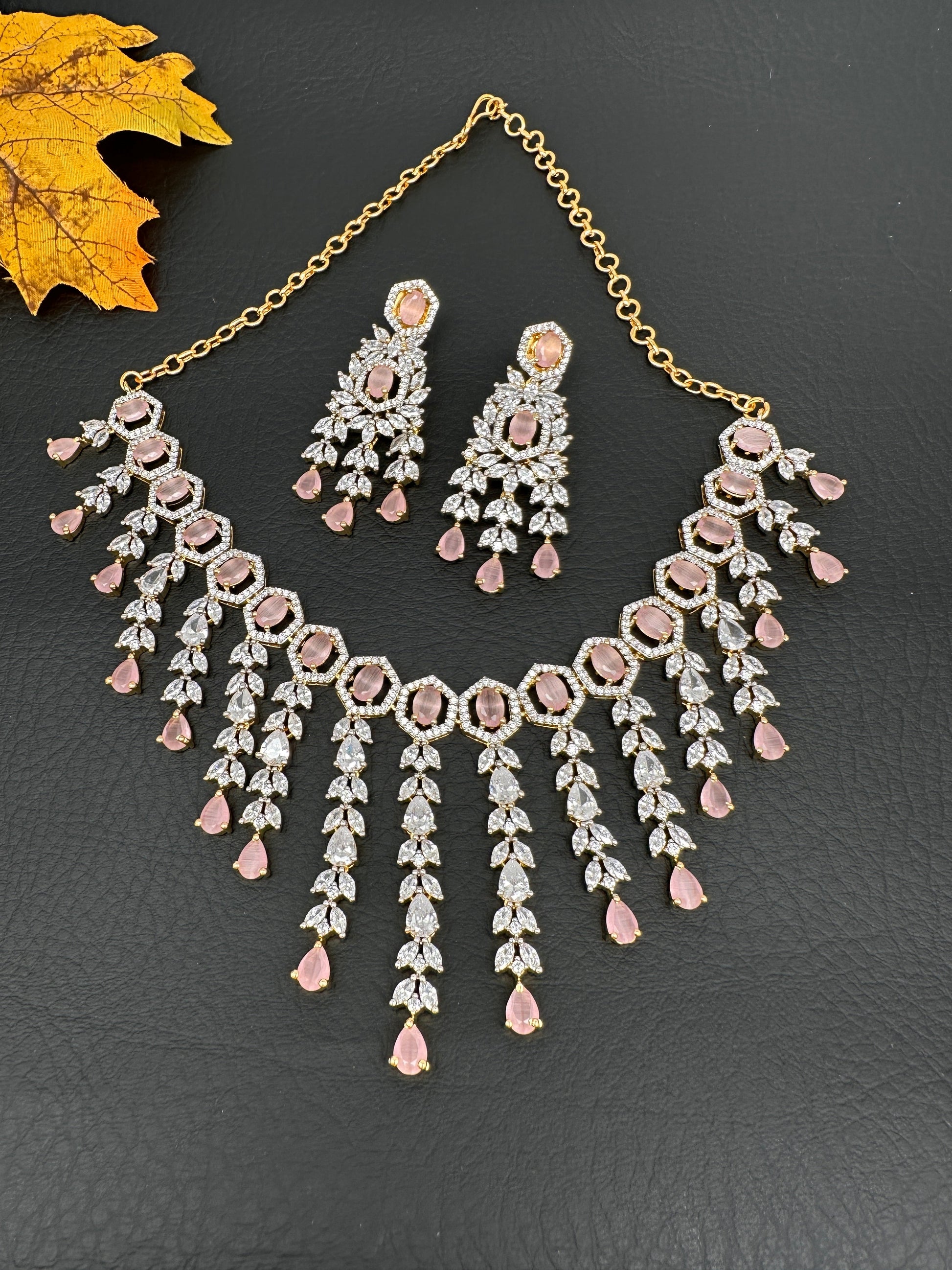 AD Color Stone Neckline Necklace - Pink