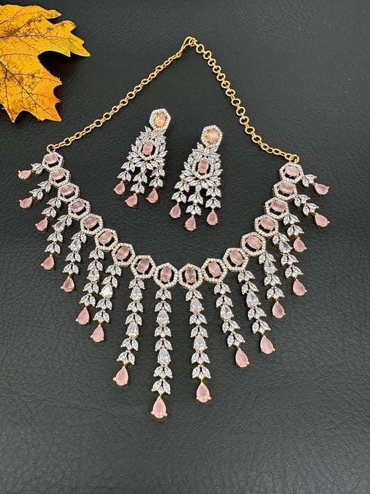 AD Color Stone Neckline Necklace - Pink