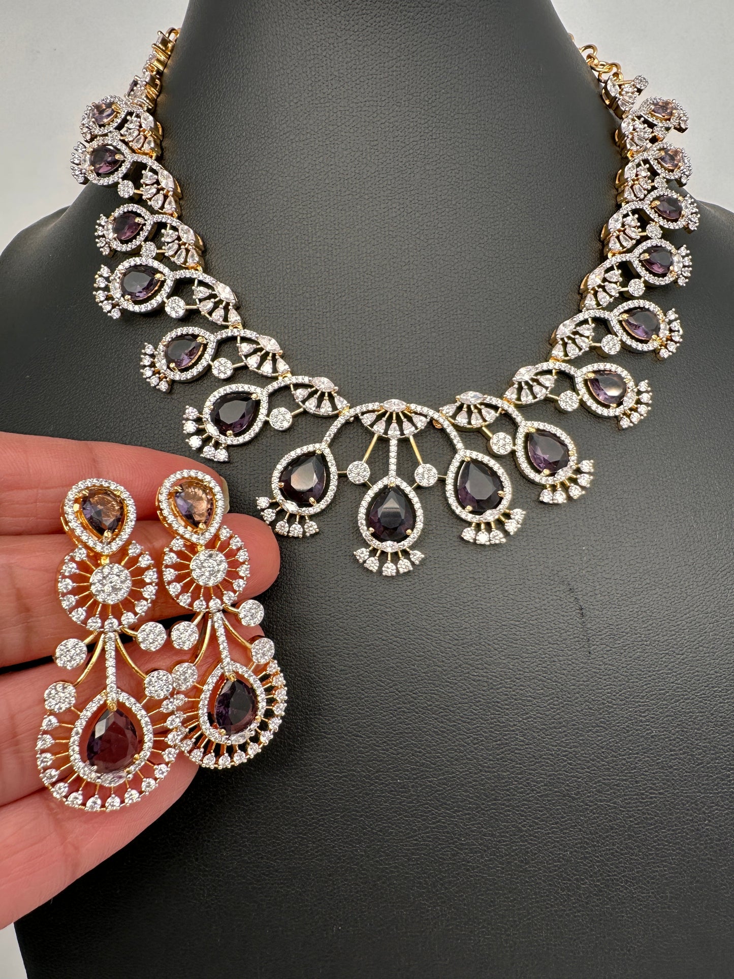 AD Color Stone Neckline Necklace - Purple