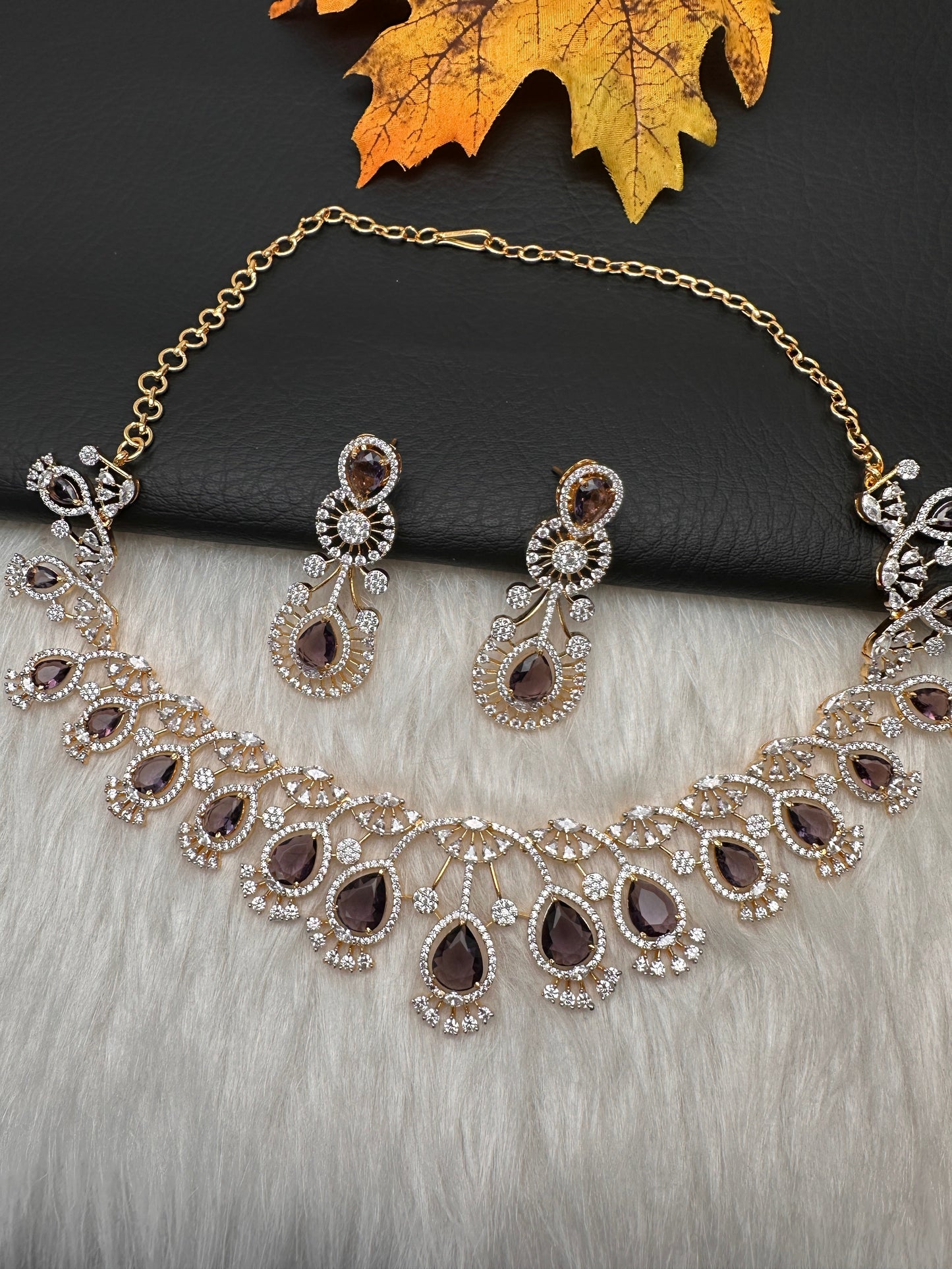 AD Color Stone Neckline Necklace - Purple