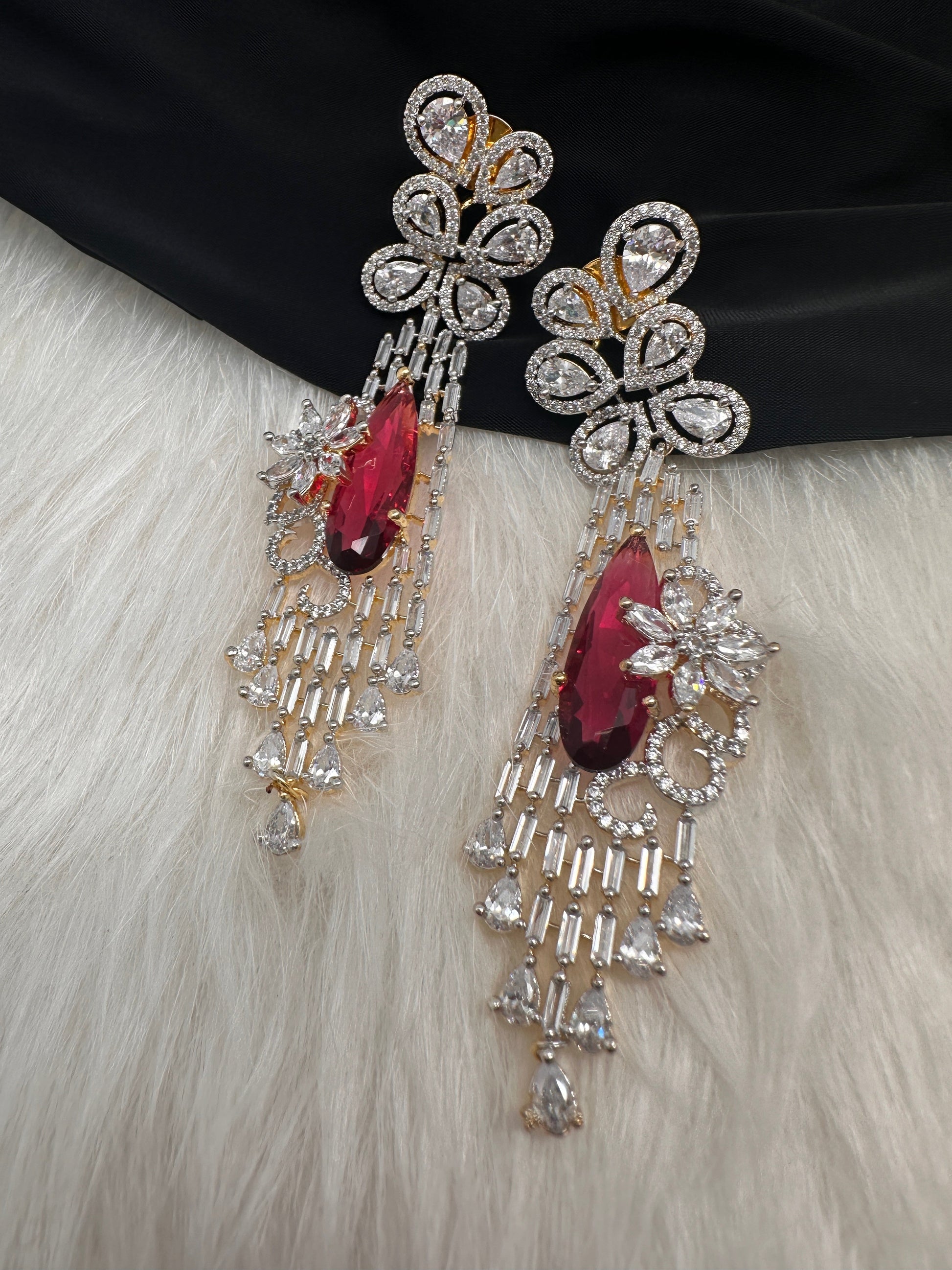 AD Color Stone Statement Earings - Red