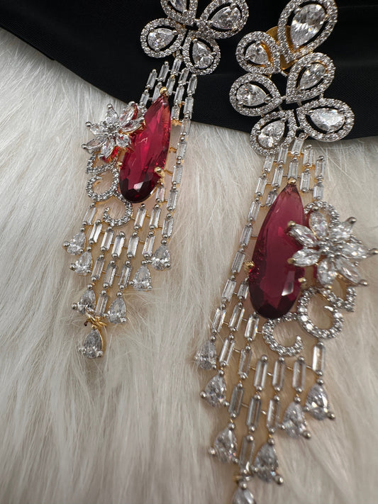 AD Color Stone Statement Earings - Red