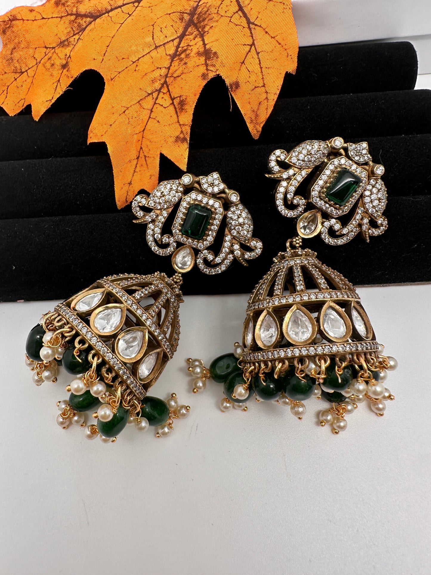 AD Kundan Color Stone Jhumki Earings - Green