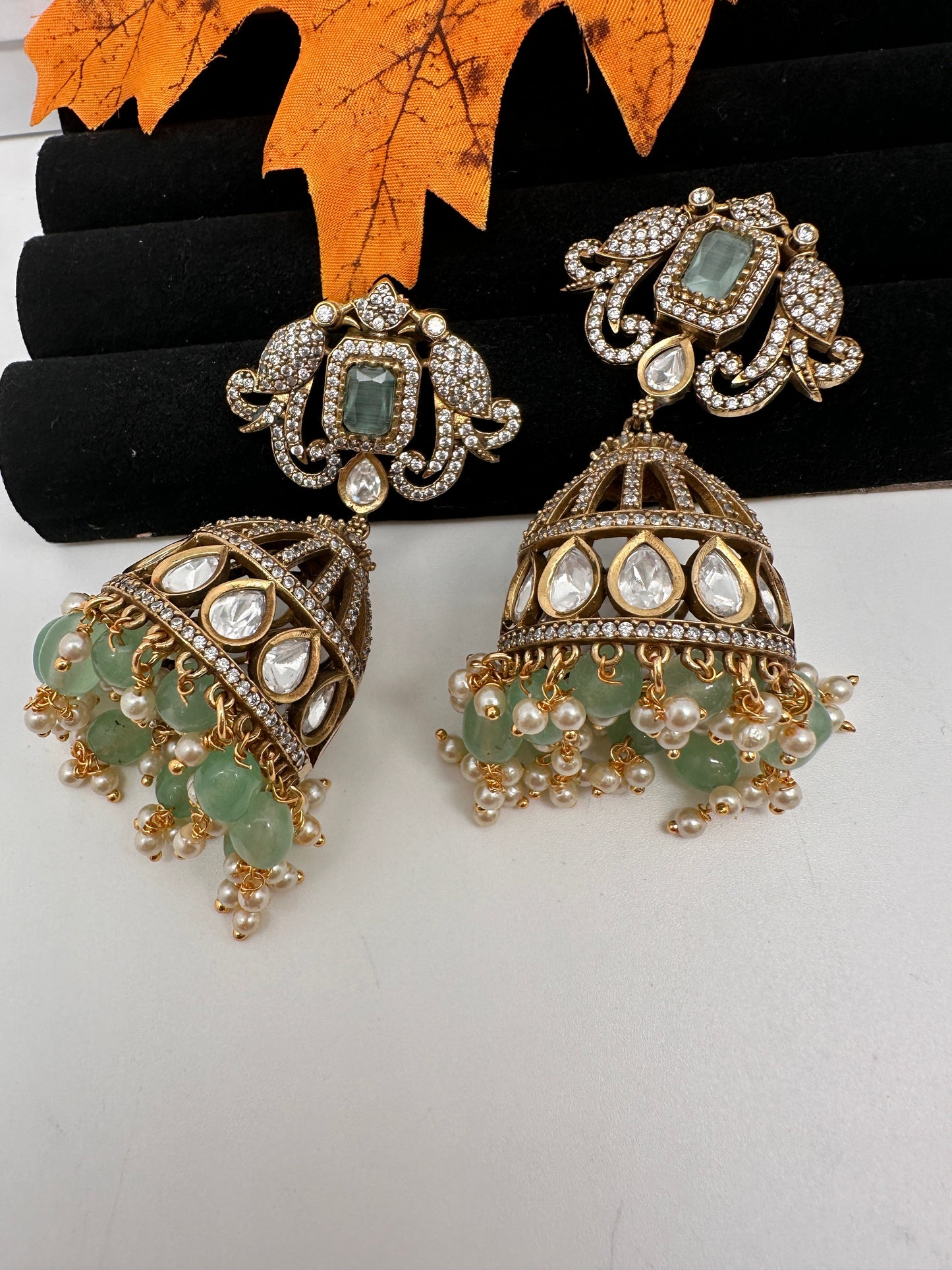 AD Kundan Color Stone Jhumki Earings - LightGreen