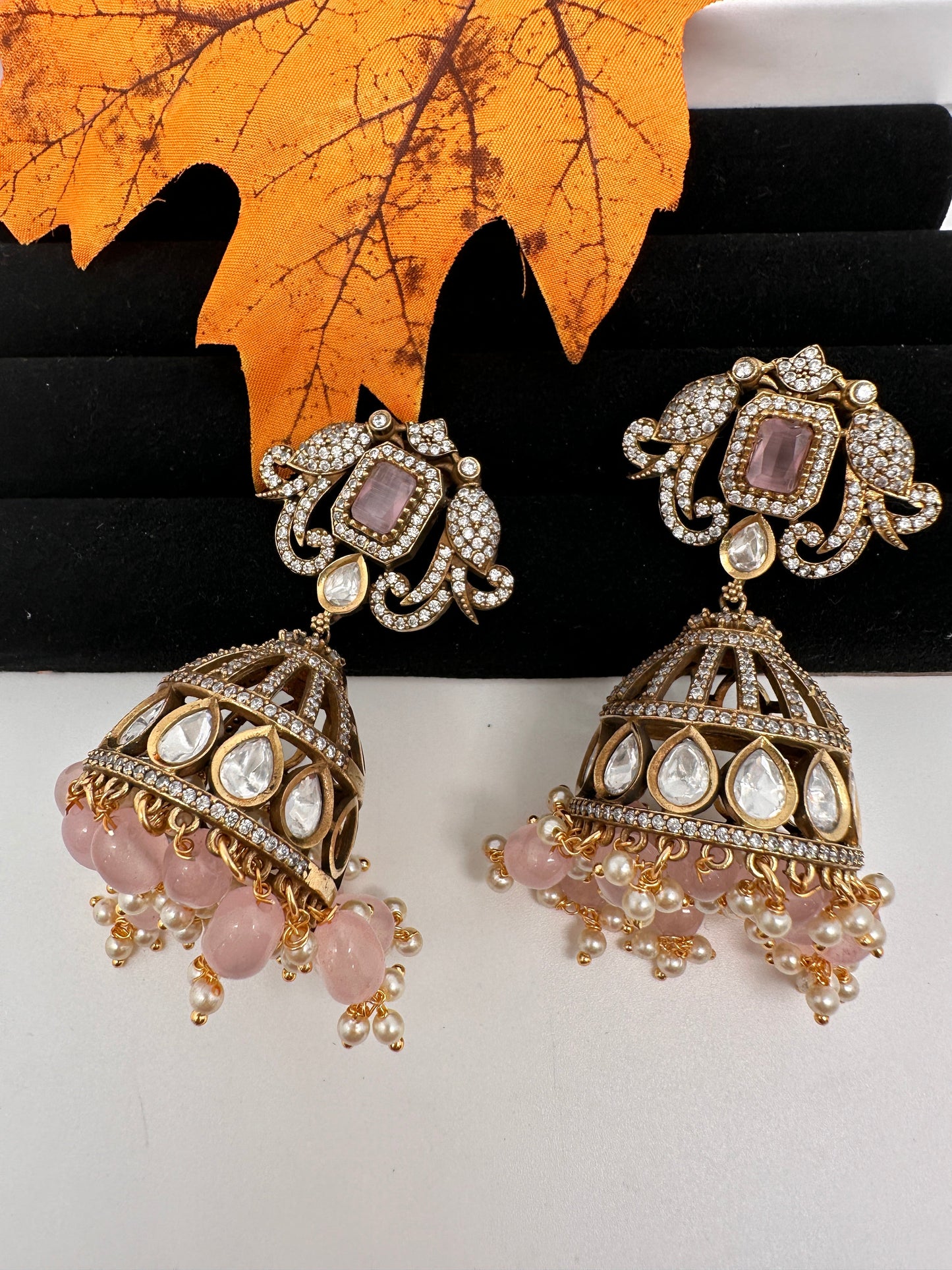 AD Kundan Color Stone Jhumki Earings - Pink