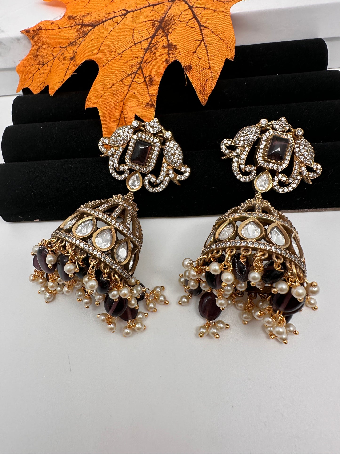 AD Kundan Color Stone Jhumki Earings - Purple