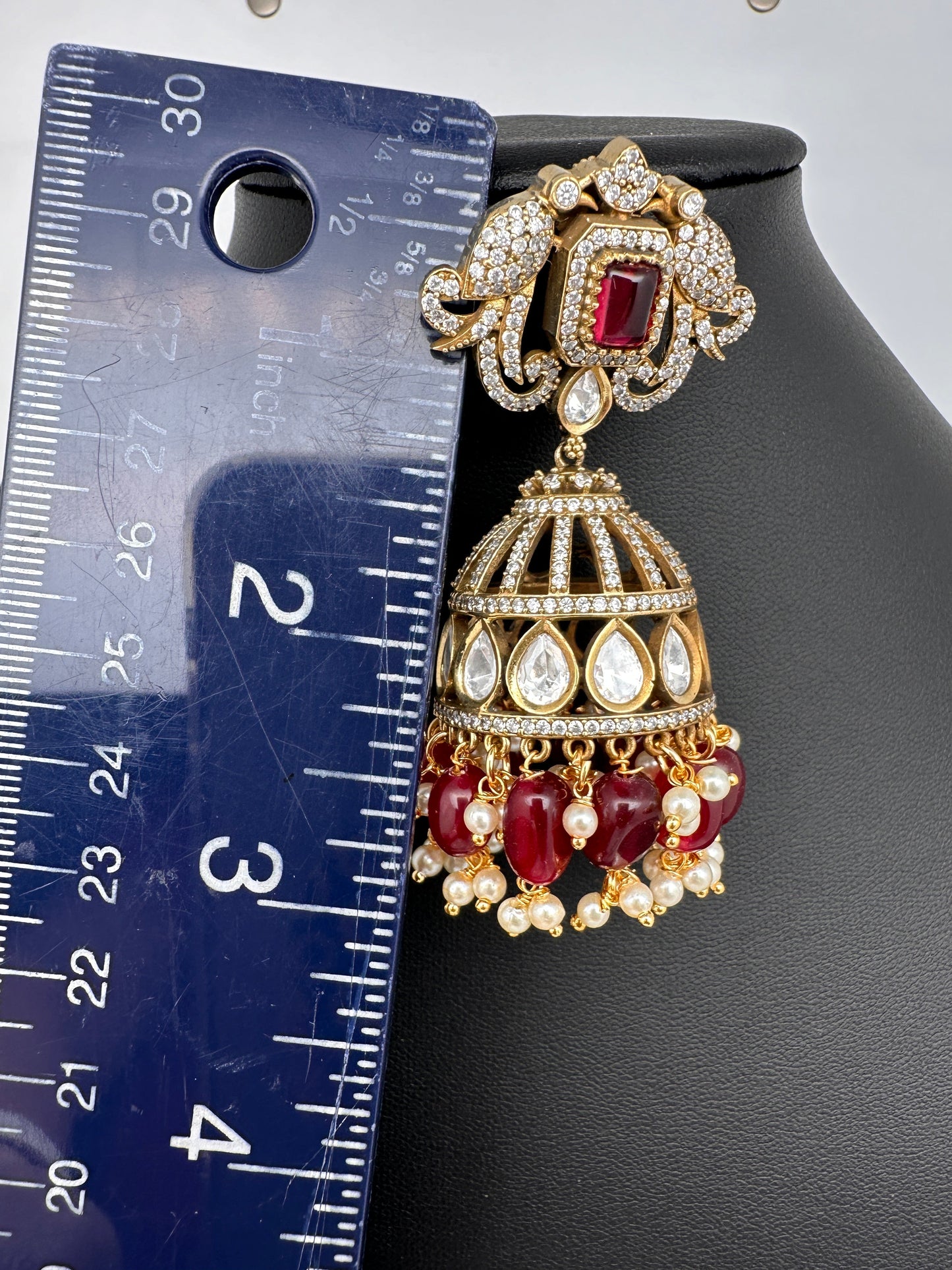 AD Kundan Color Stone Jhumki Earings - Red