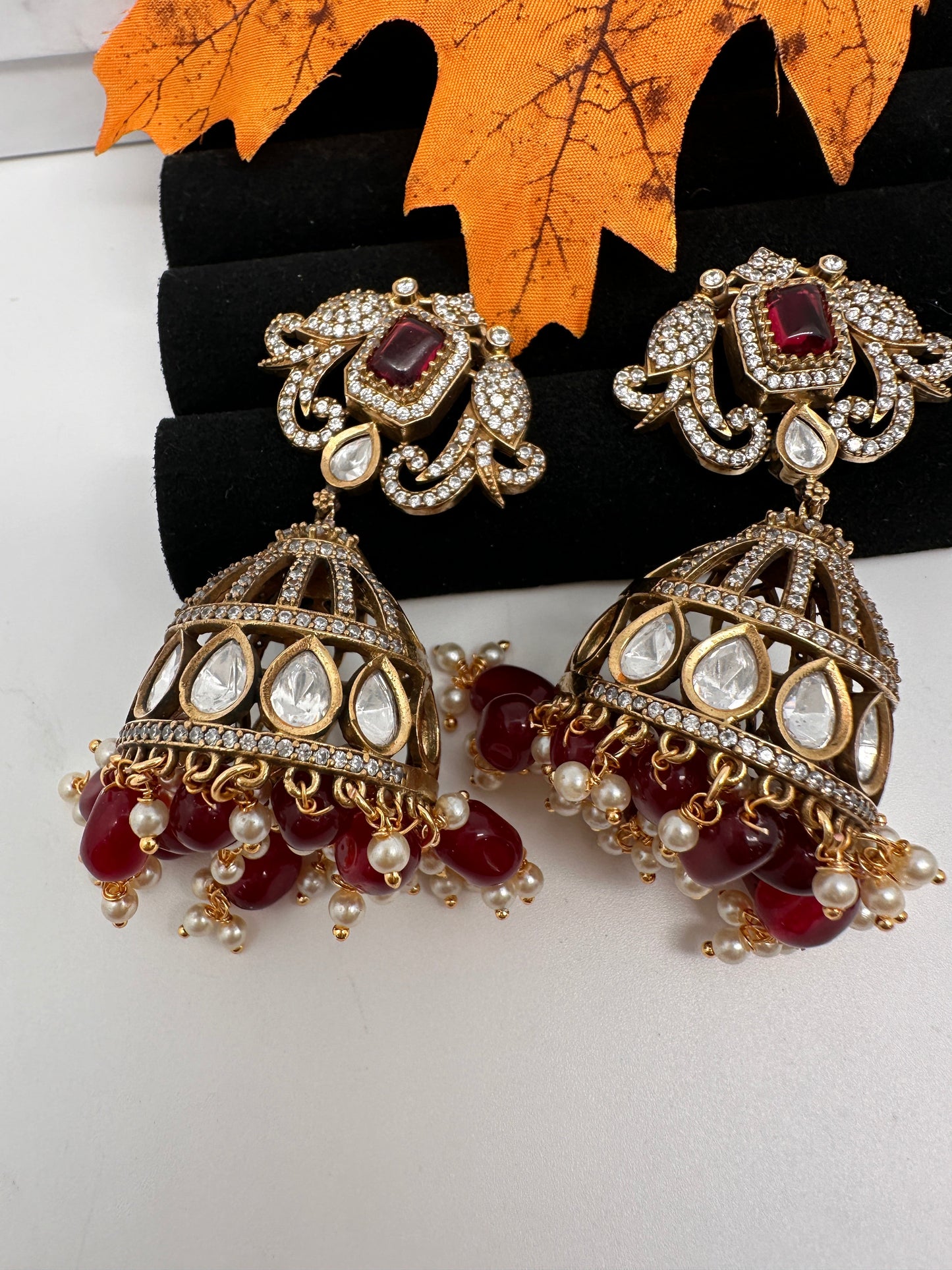 AD Kundan Color Stone Jhumki Earings - Red