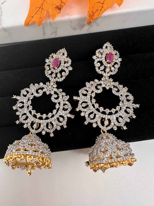 Diamond Finish Color Stone Jhumka Earings - Red