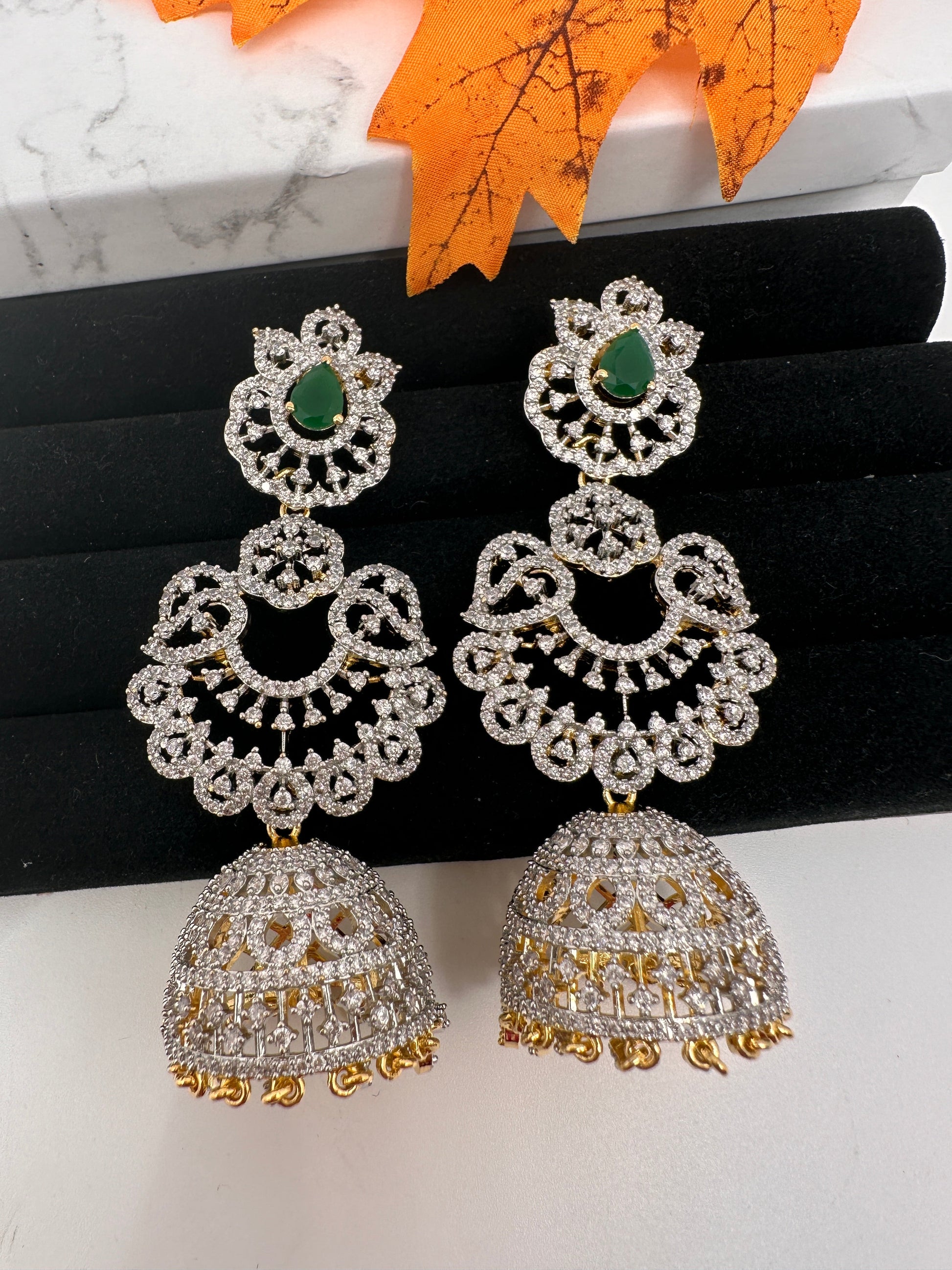 American Diamond Finish Color Stone Jhumka Earings - Green