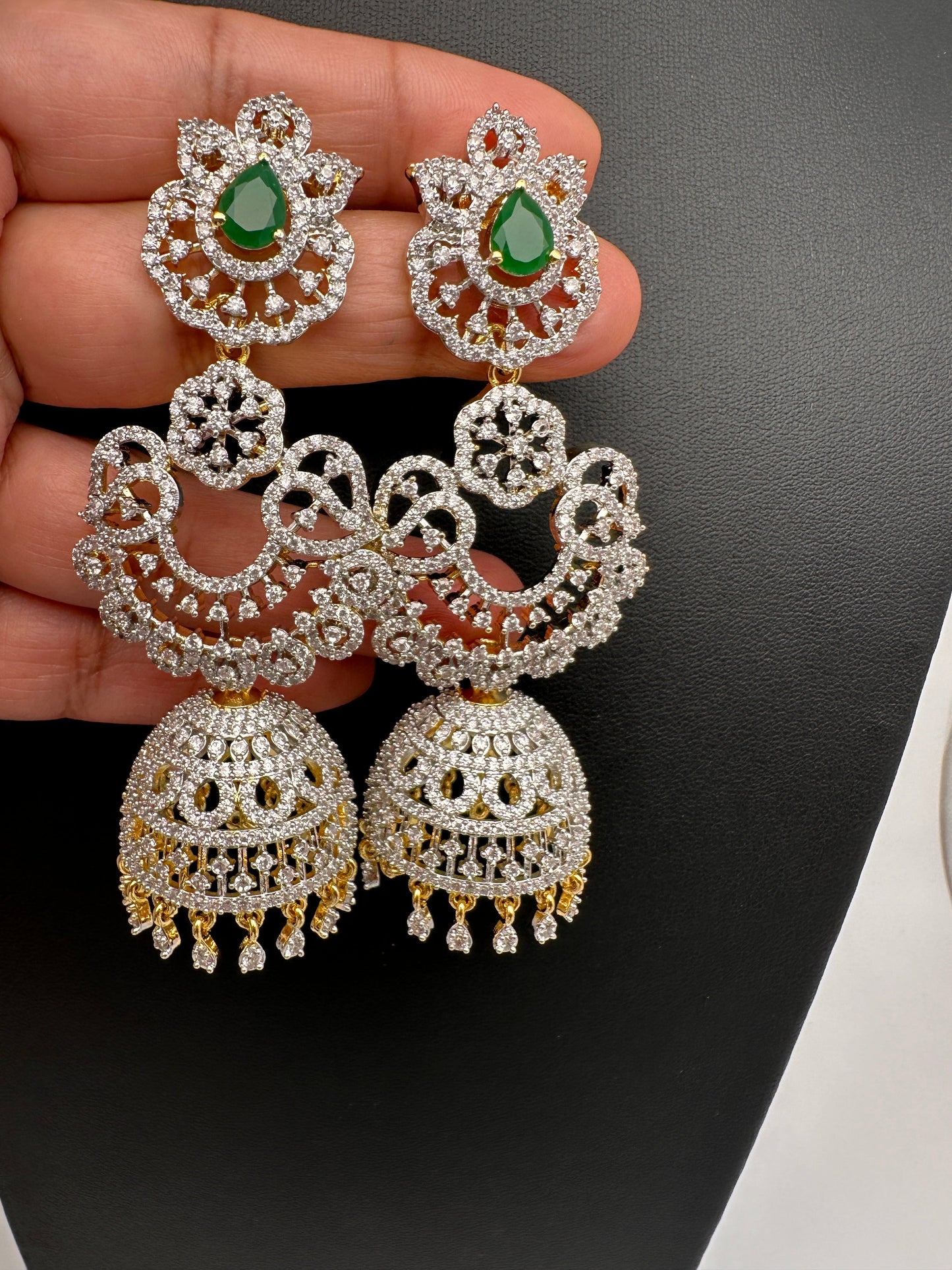 American Diamond Finish Color Stone Jhumka Earings - Green