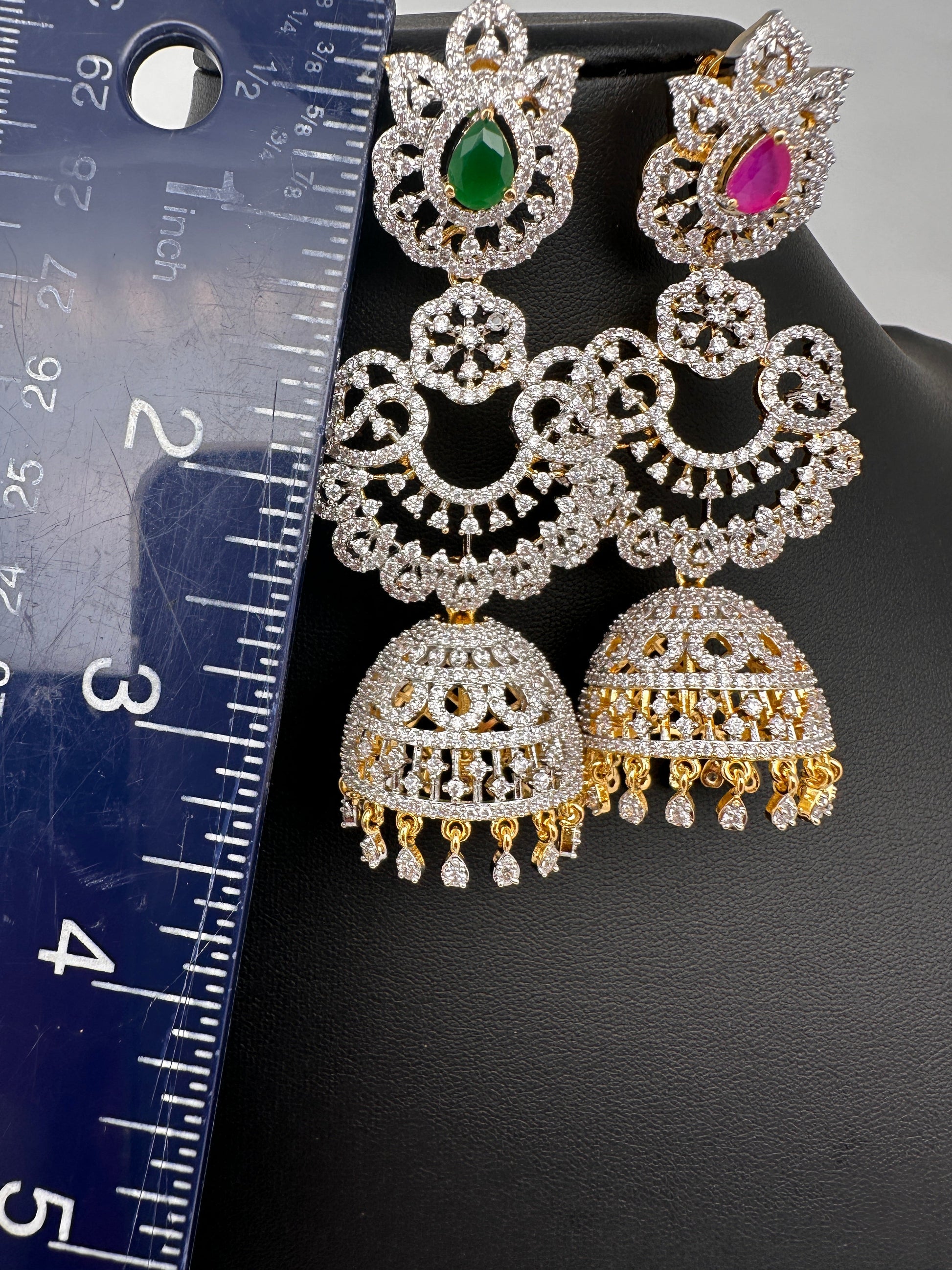 American Diamond Finish Color Stone Jhumka Earings - Green