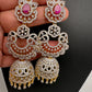 American Diamond Finish Color Stone Jhumka Earings - Red