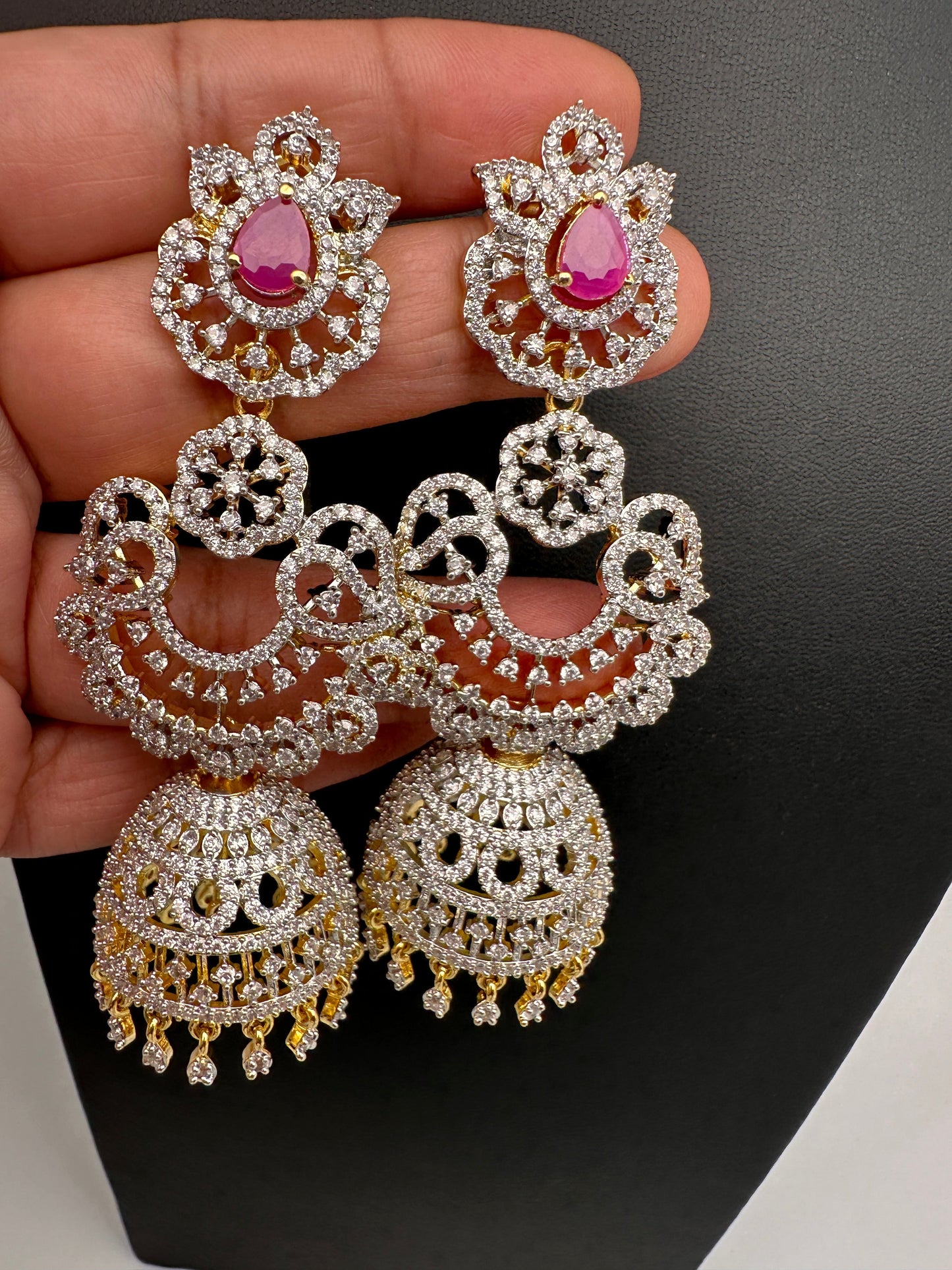 American Diamond Finish Color Stone Jhumka Earings - Red