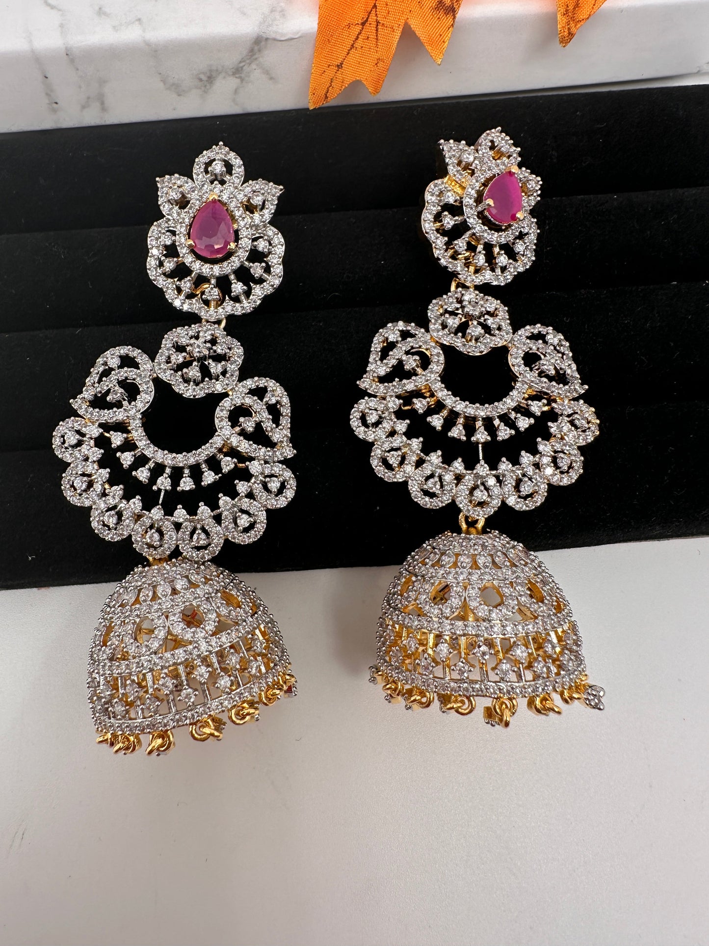 American Diamond Finish Color Stone Jhumka Earings - Red