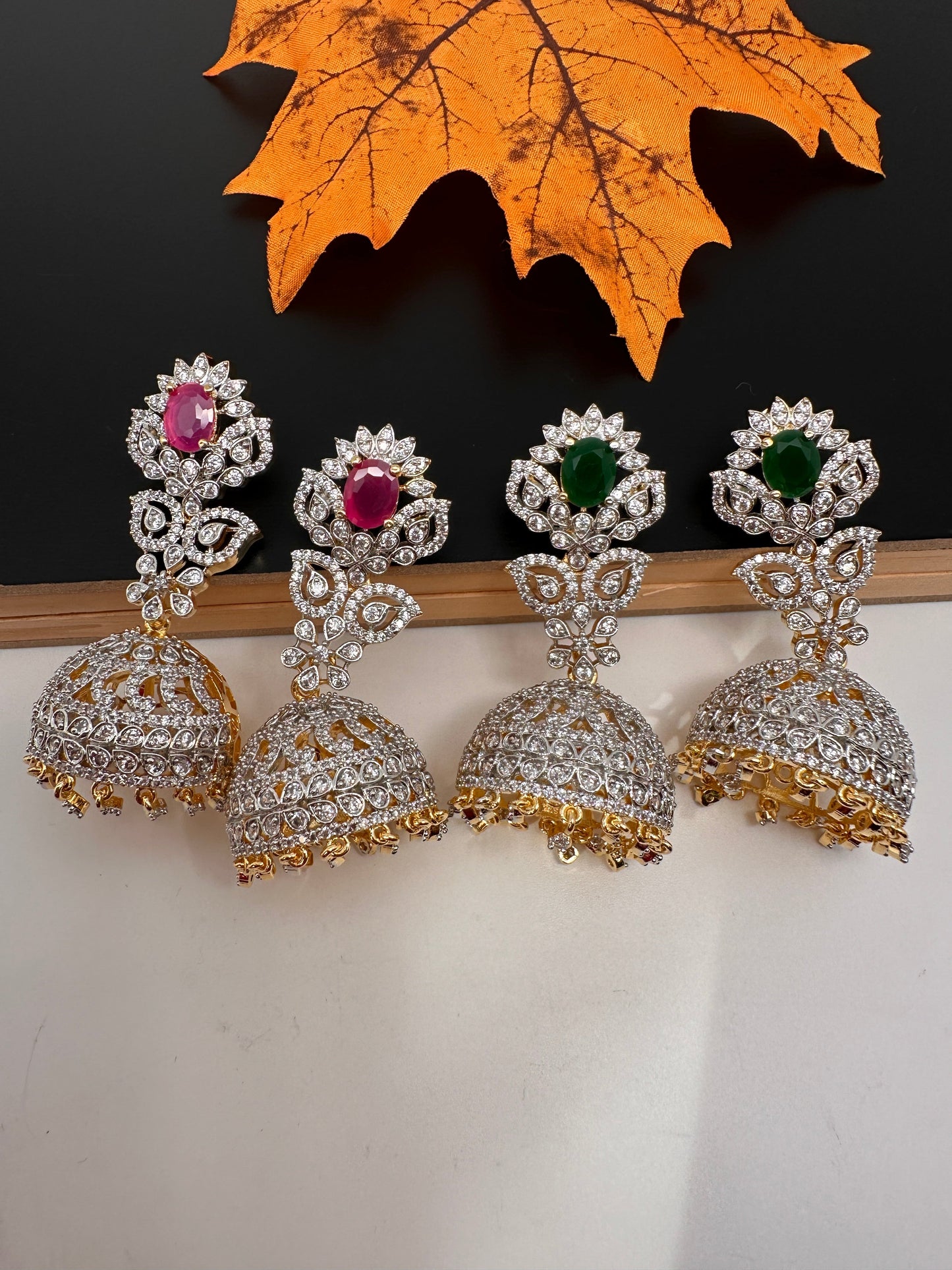 CZ Jhumki Color Stone Earings - Green