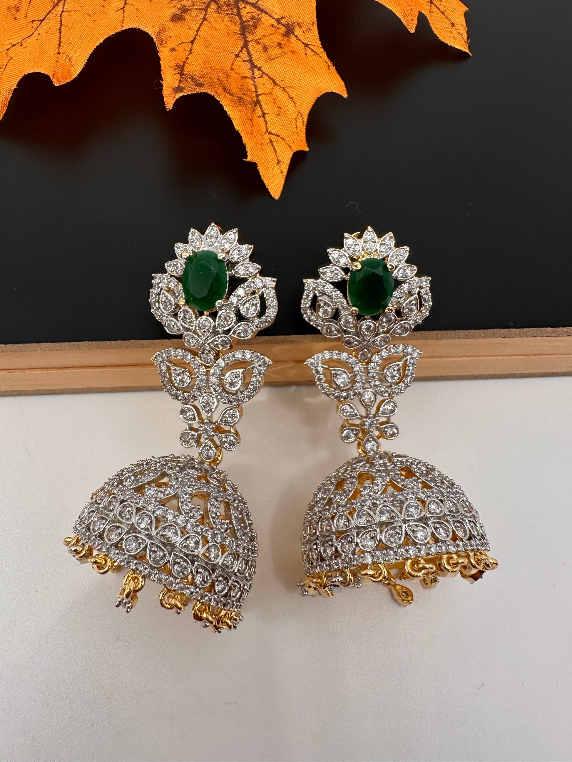 CZ Jhumki Color Stone Earings - Green