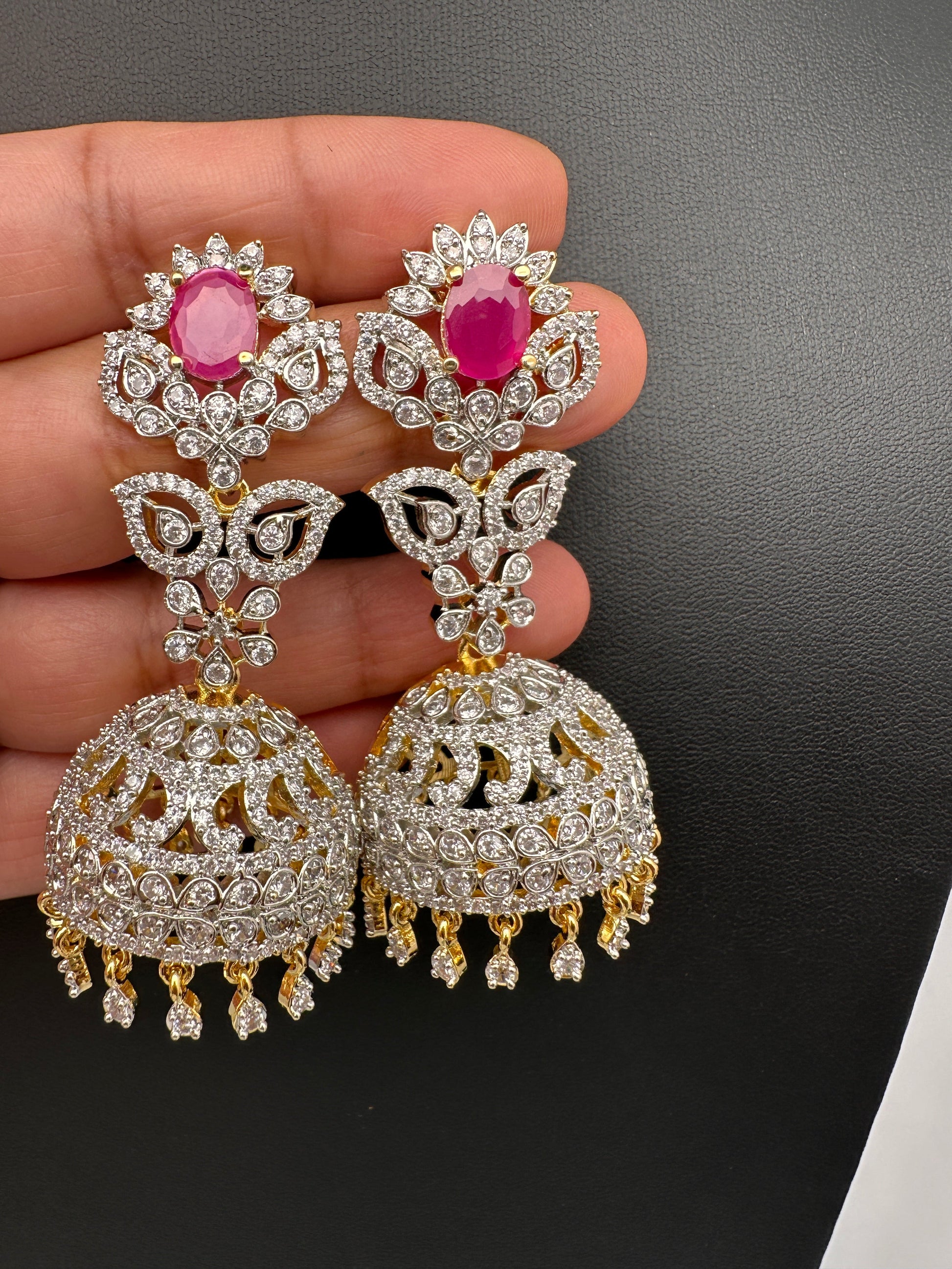 CZ Jhumki Color Stone Earings - Red