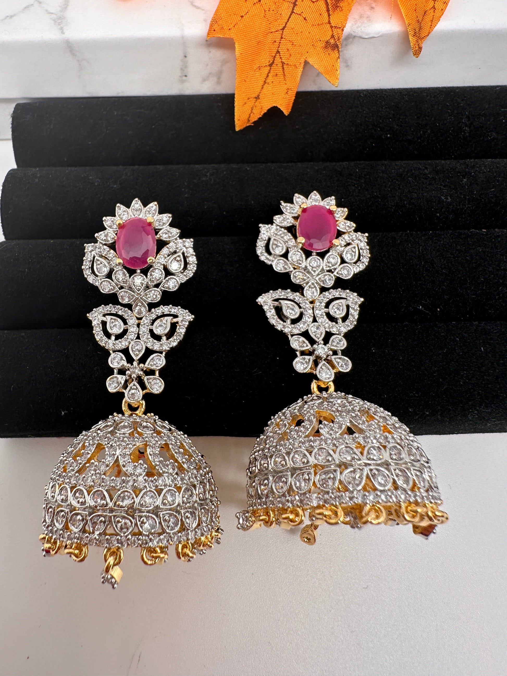 CZ Jhumki Color Stone Earings - Red