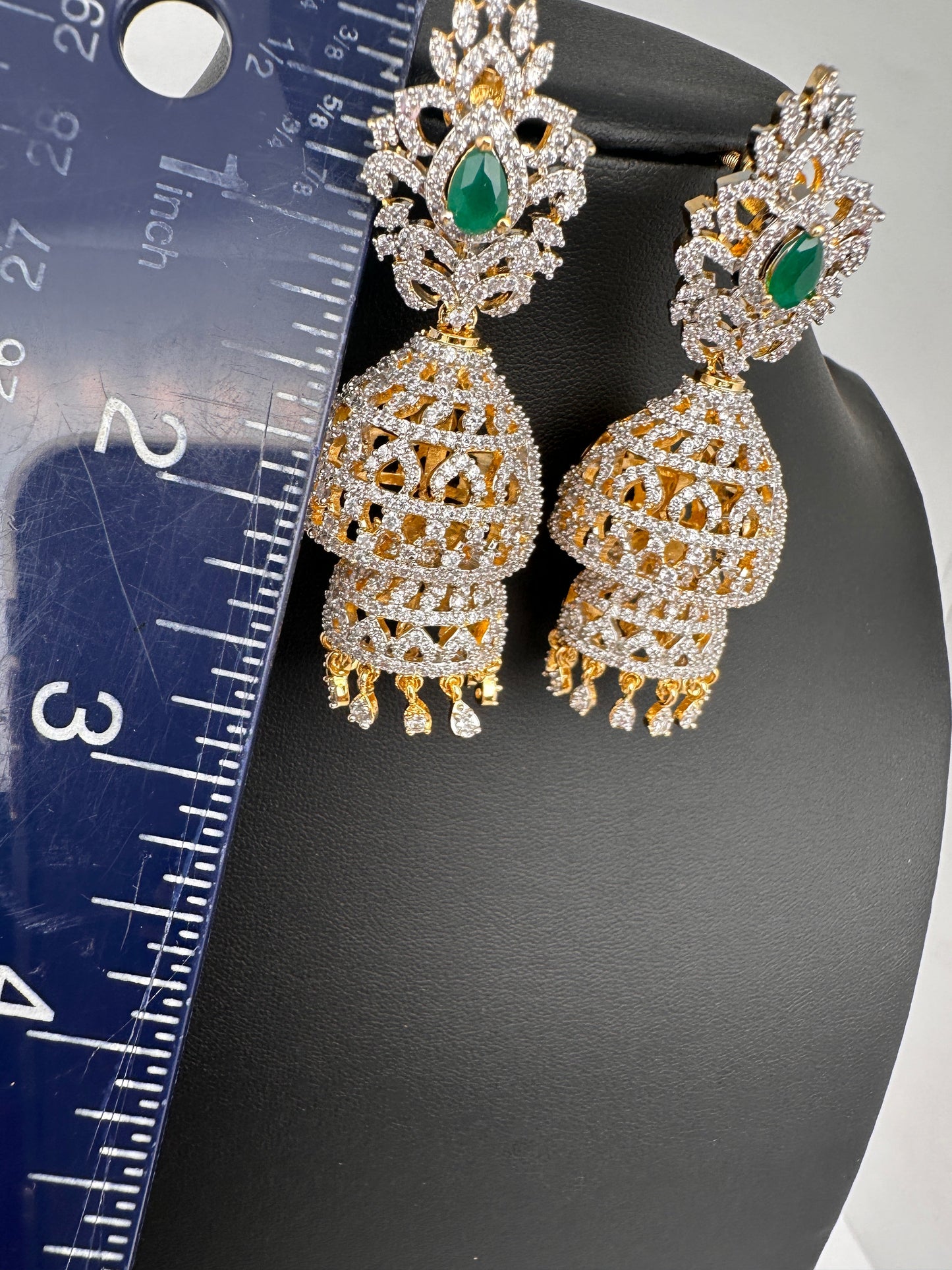 CZ Double Jhumka Green Emerald Earings