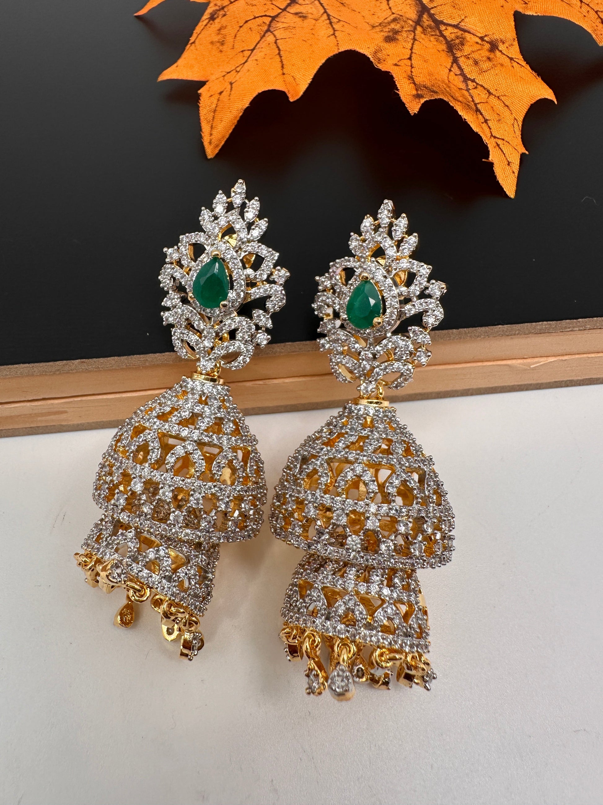 CZ Double Jhumka Green Emerald Earings