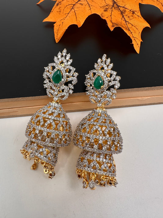 CZ Double Jhumka Green Emerald Earings