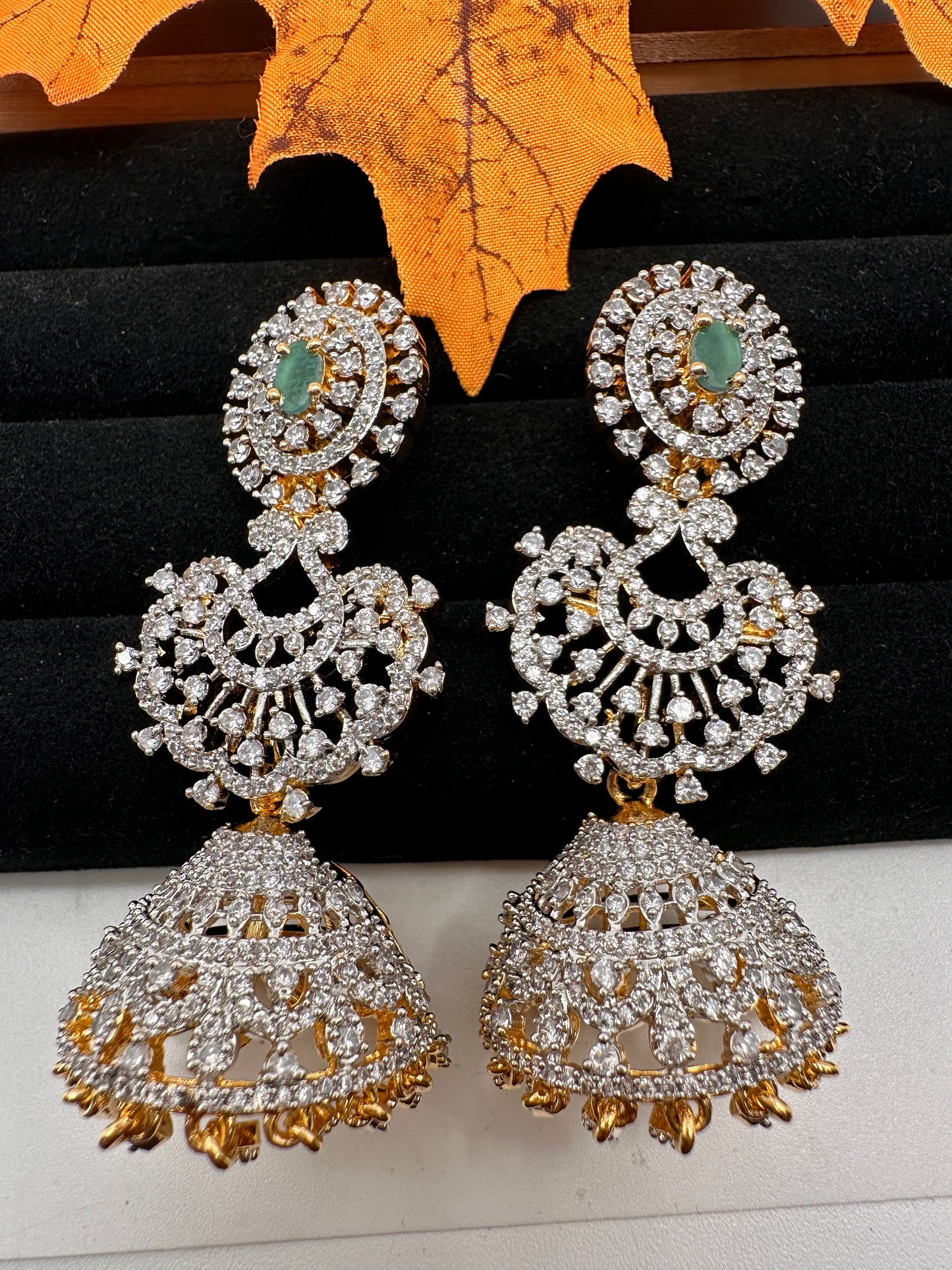 AD Jhumki Color Stone Earings - Green