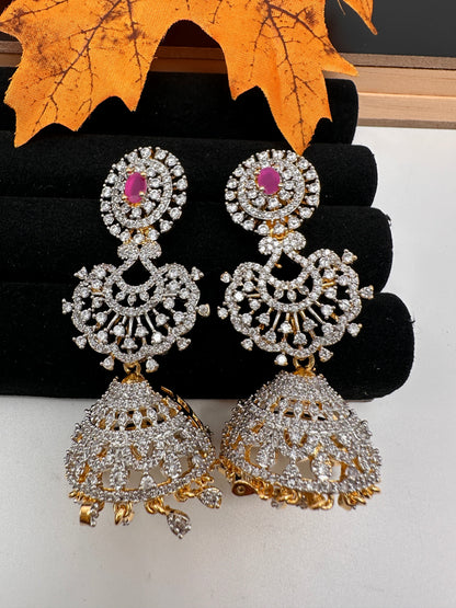 AD Jhumki Color Stone Earings - Red