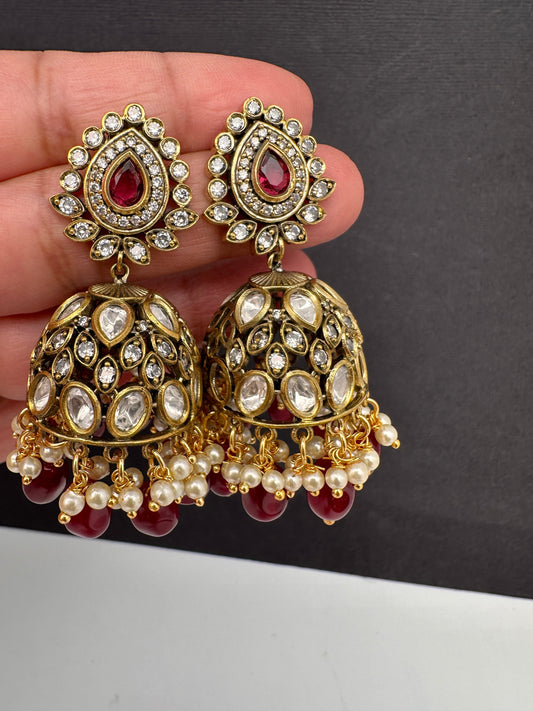 AD Color Stone Kundan Jhumki Earings - Red