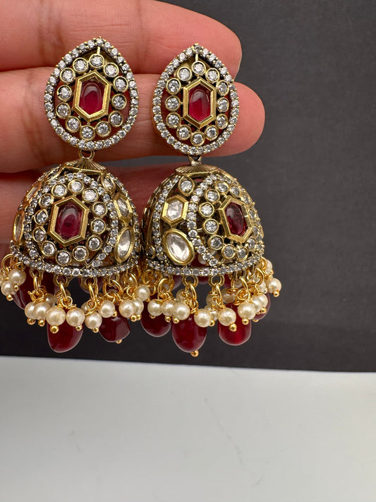 AD Color Stone Kundan Jhumki Earings - Red