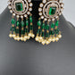 AD Color Stone Kundan Jhumki Earings - Green