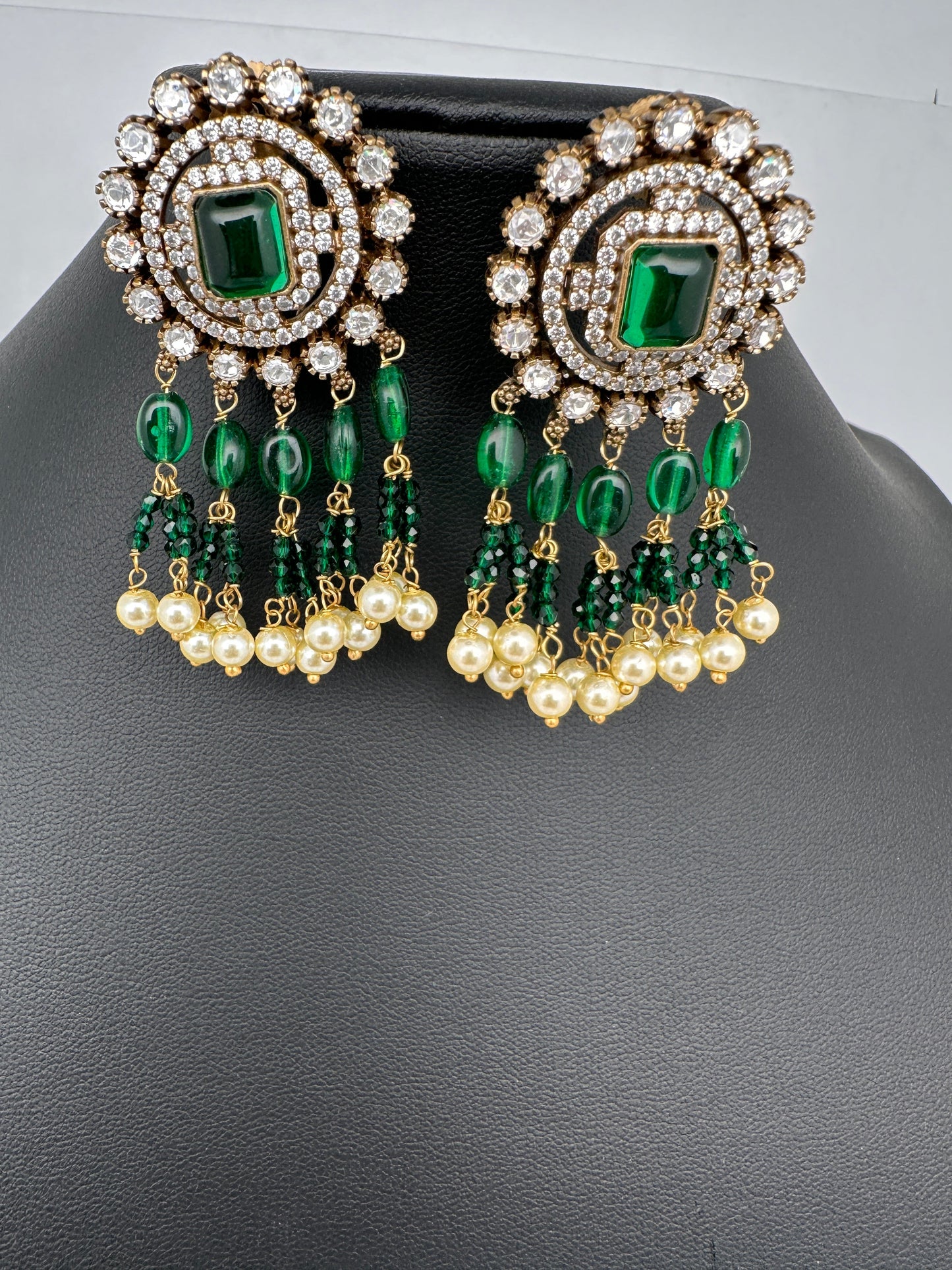 AD Color Stone Kundan Jhumki Earings - Green