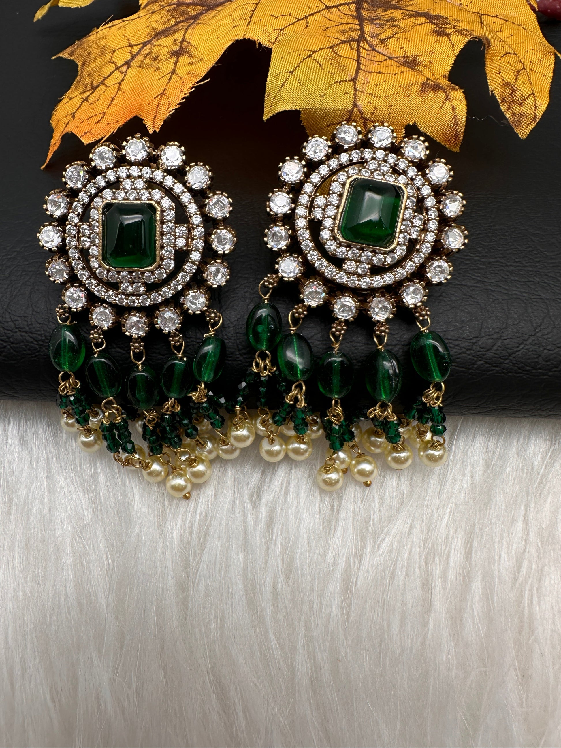 AD Color Stone Kundan Jhumki Earings - Green